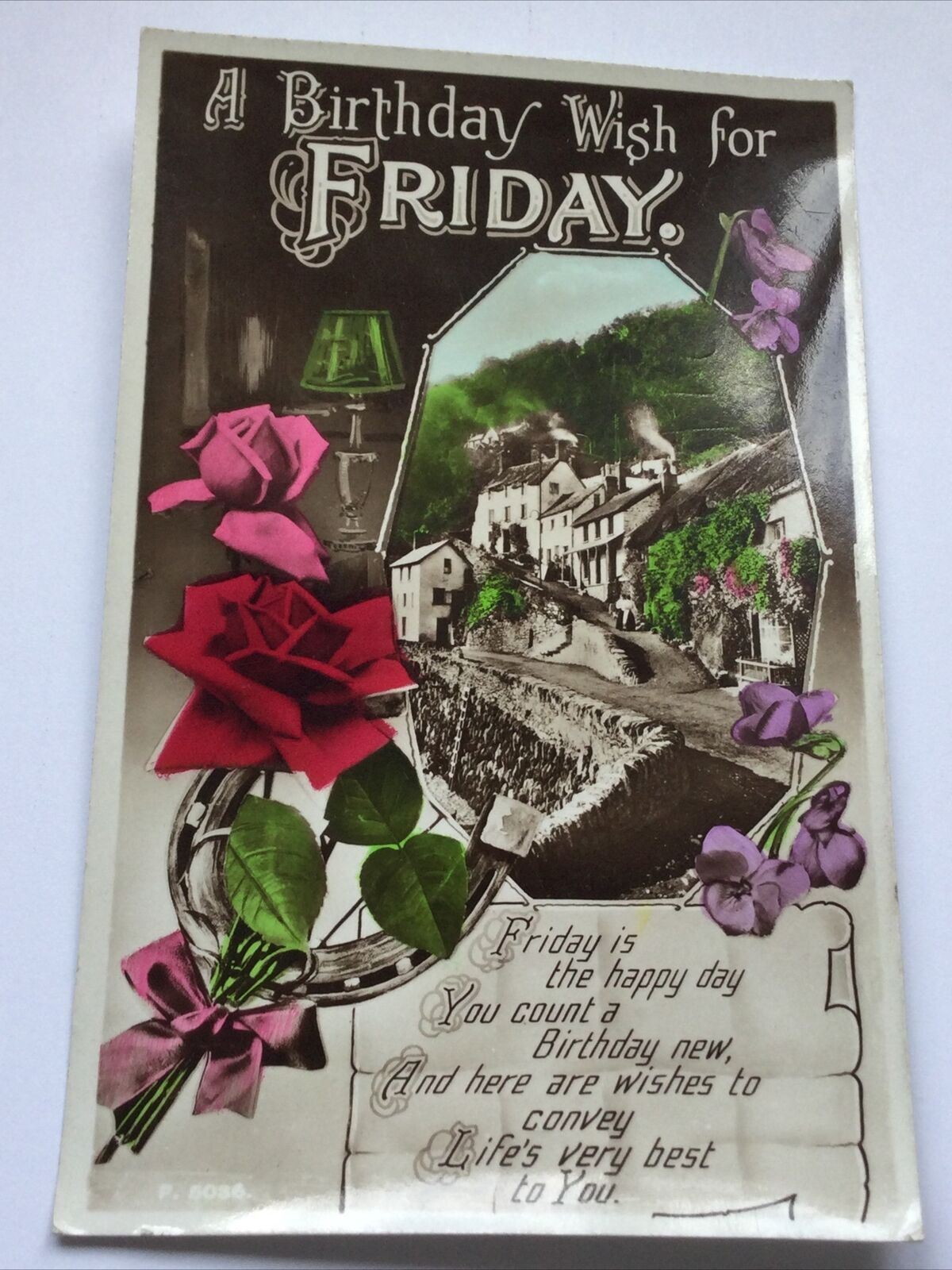 Vintage Birthday Post card FRIDAY Real Photograph Village Houses Roses Violets