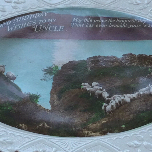 Vintage Uncle Birthday Card Real Photo Embossed Sheep On Cliffs Sea Hand Coloure