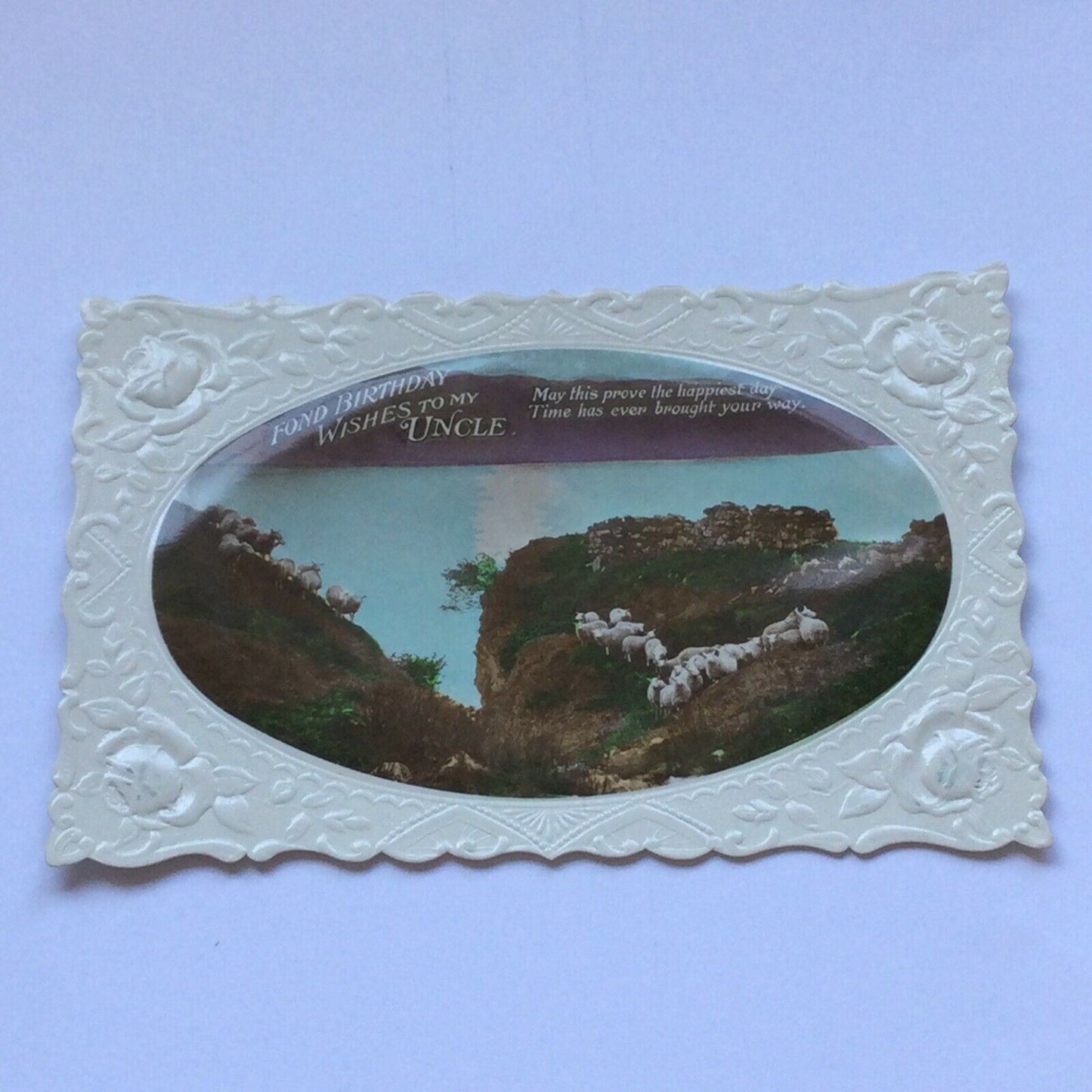 Vintage Uncle Birthday Card Real Photo Embossed Sheep On Cliffs Sea Hand Coloure