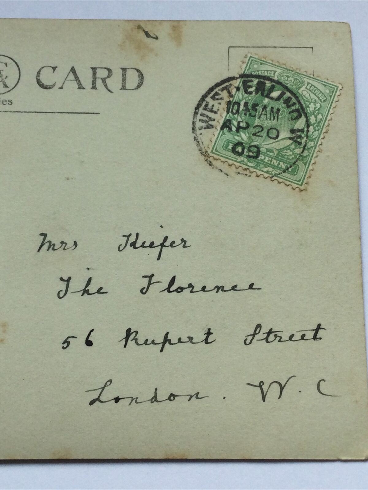 Antique Postcard Sent To The Florence Restaurant, Rupert St Soho 1909 Asunta