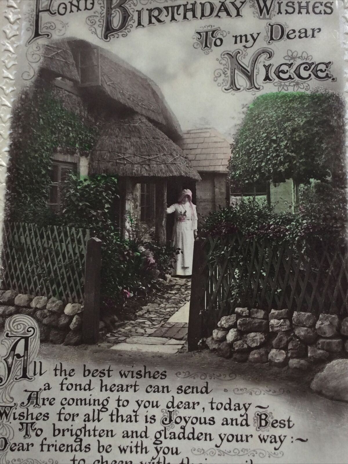 Antique 1921 Niece Birthday Postcard Real Photo Thatched Cottage, Poem, London