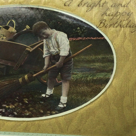 Antique 1900s Birthday Postcard Boy Sweeping Leaves Gardening Nice Poem Embossed