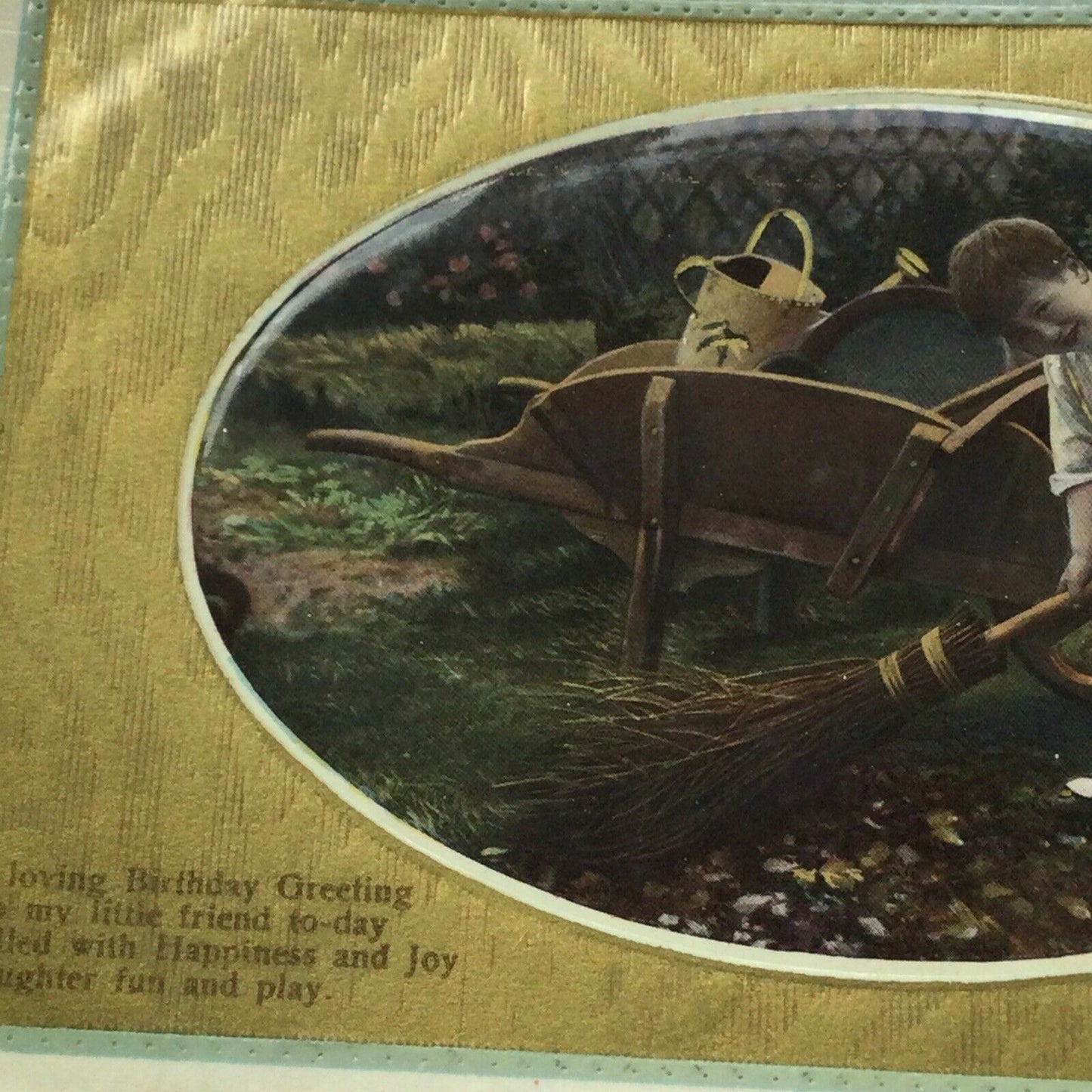 Antique 1900s Birthday Postcard Boy Sweeping Leaves Gardening Nice Poem Embossed