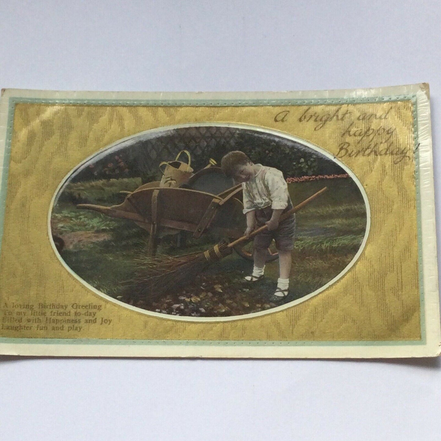 Antique 1900s Birthday Postcard Boy Sweeping Leaves Gardening Nice Poem Embossed