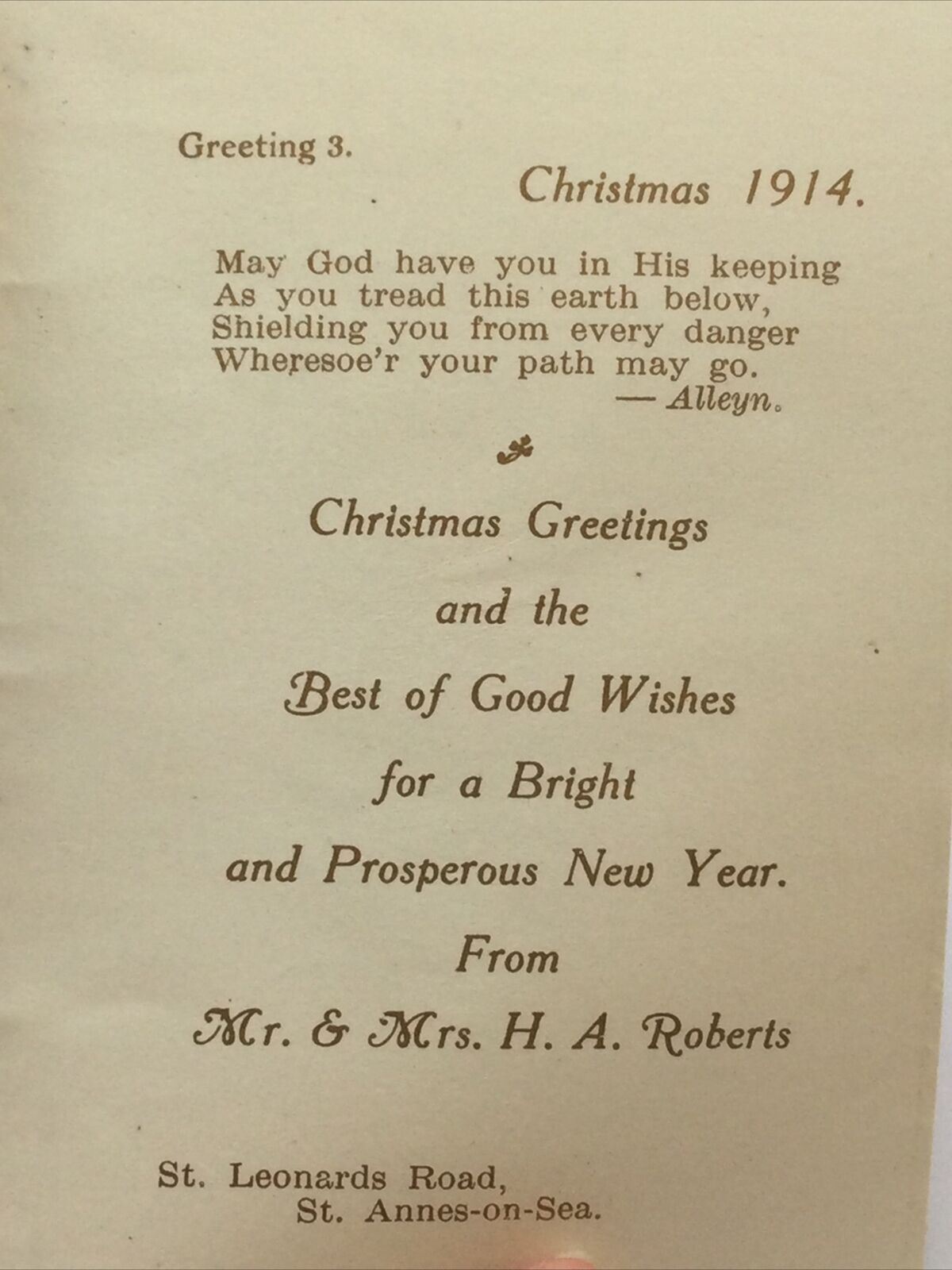 Antique 1914 Christmas Card WWI Old Friends ‘Shielding You From Every Danger’