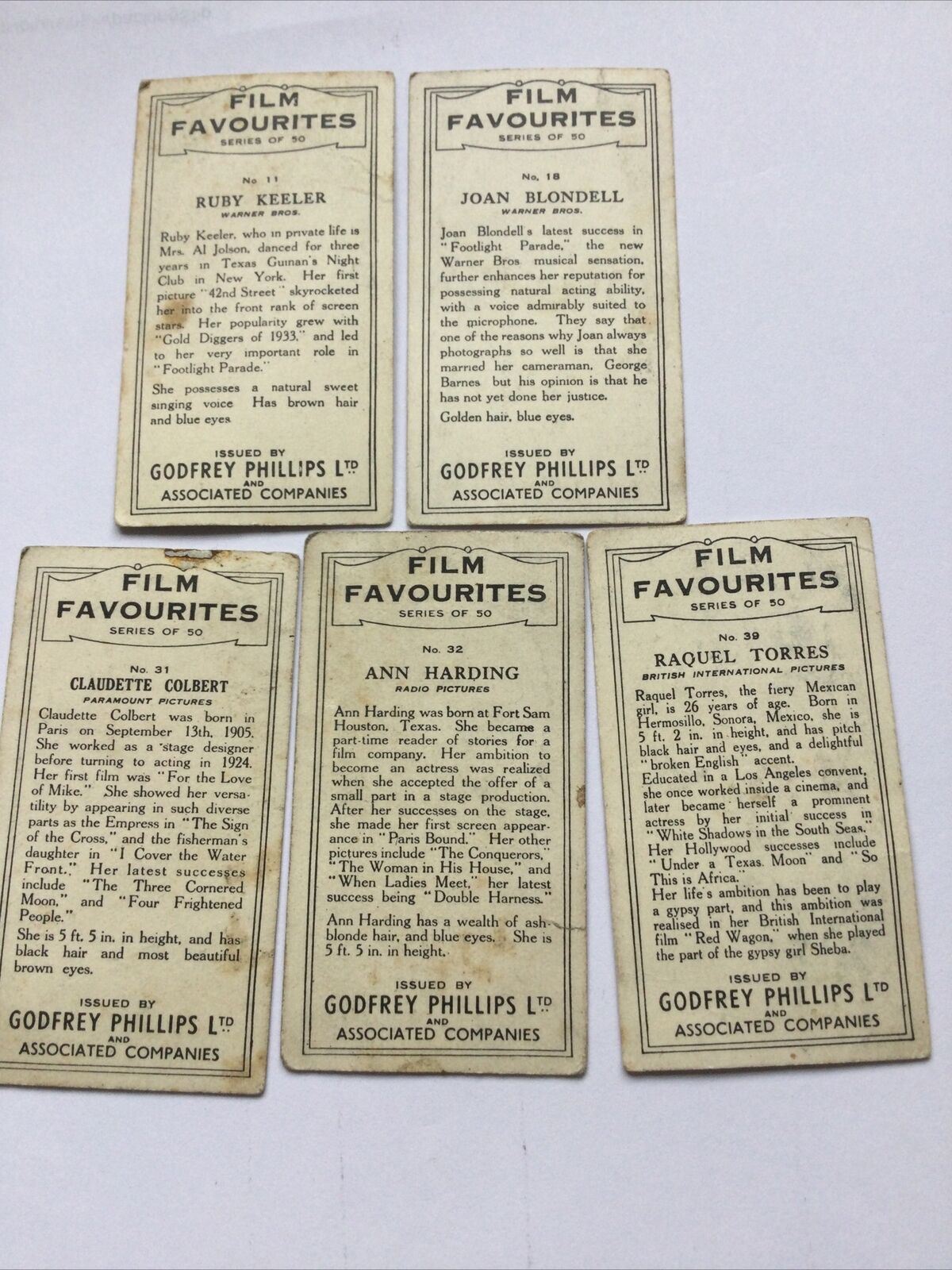 Set Of 5 Phillips Cigarette Cards Film Favourites 11 18 31 32 39 Ruby Keeler etc