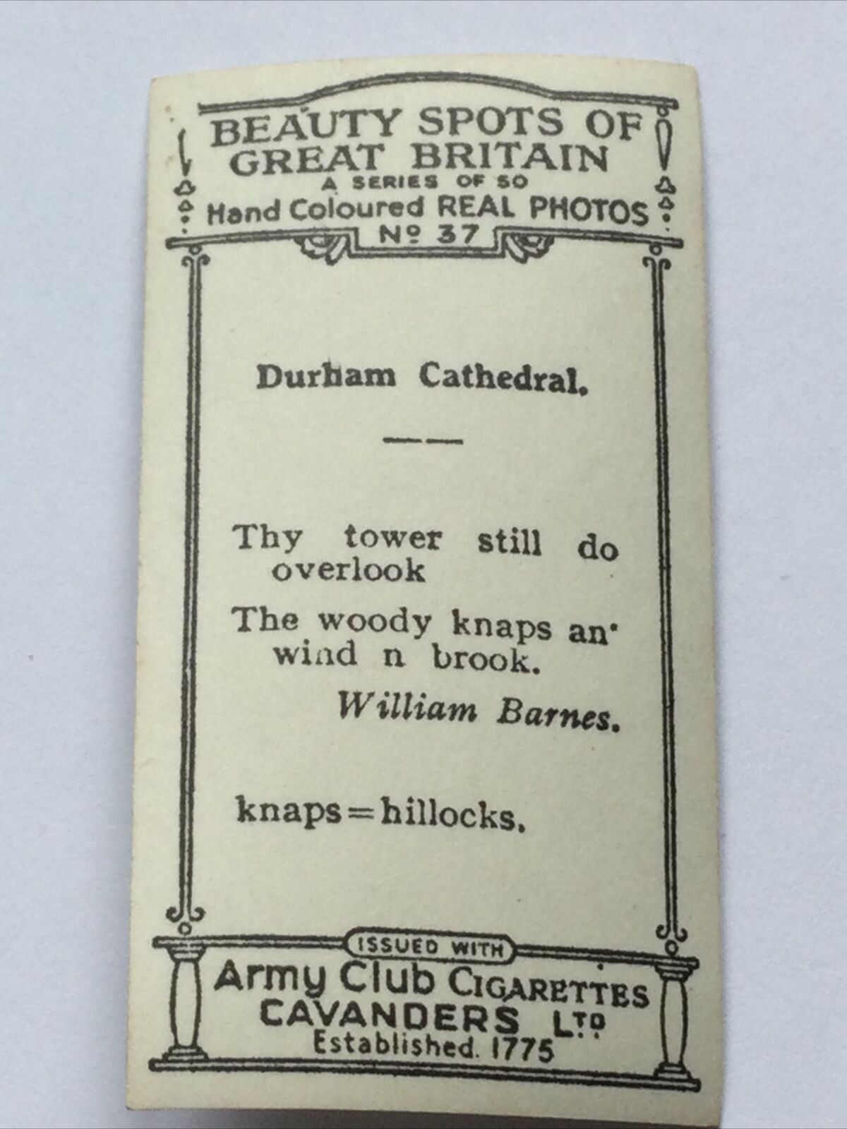 DURHAM CATHEDRAL Cavanders Cigarette Card Real Photo Hand Coloured #37 Beauty