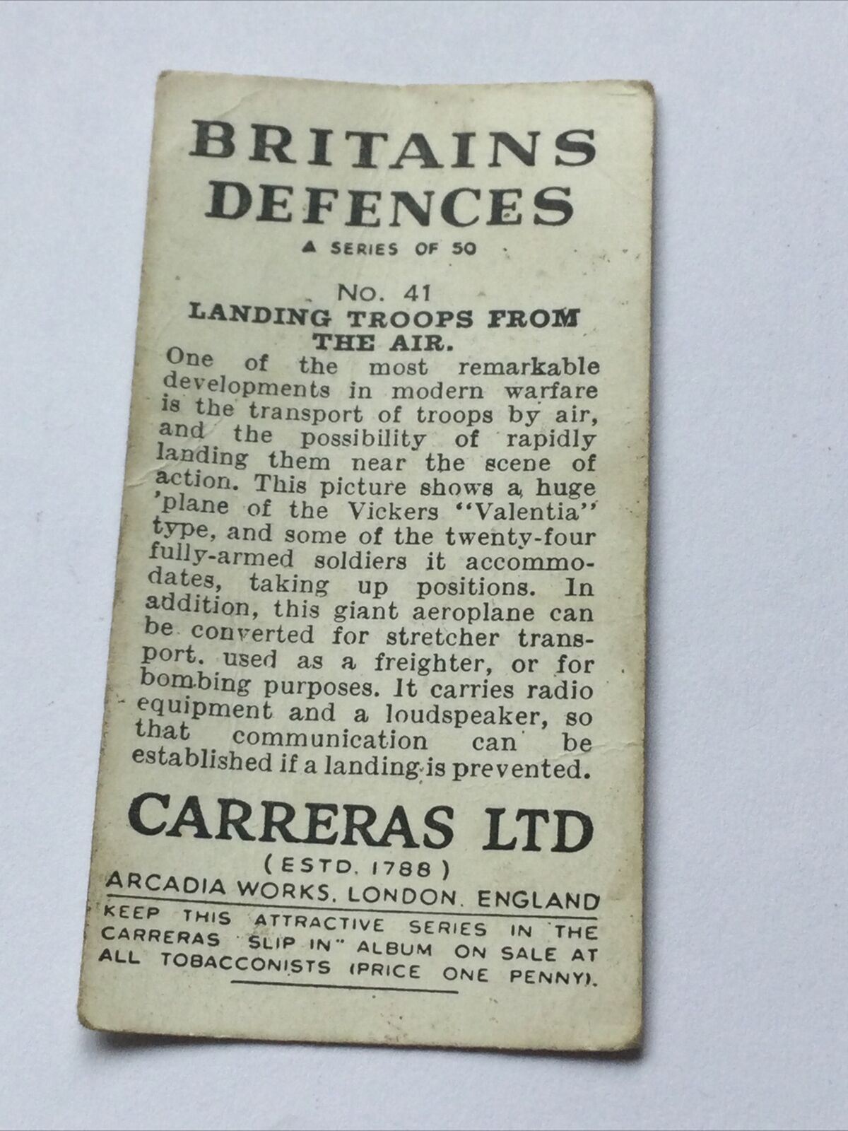 BRITAINS DEFENCES Carreras Cigarette Card #41 Landing Troops From The Air Vicker