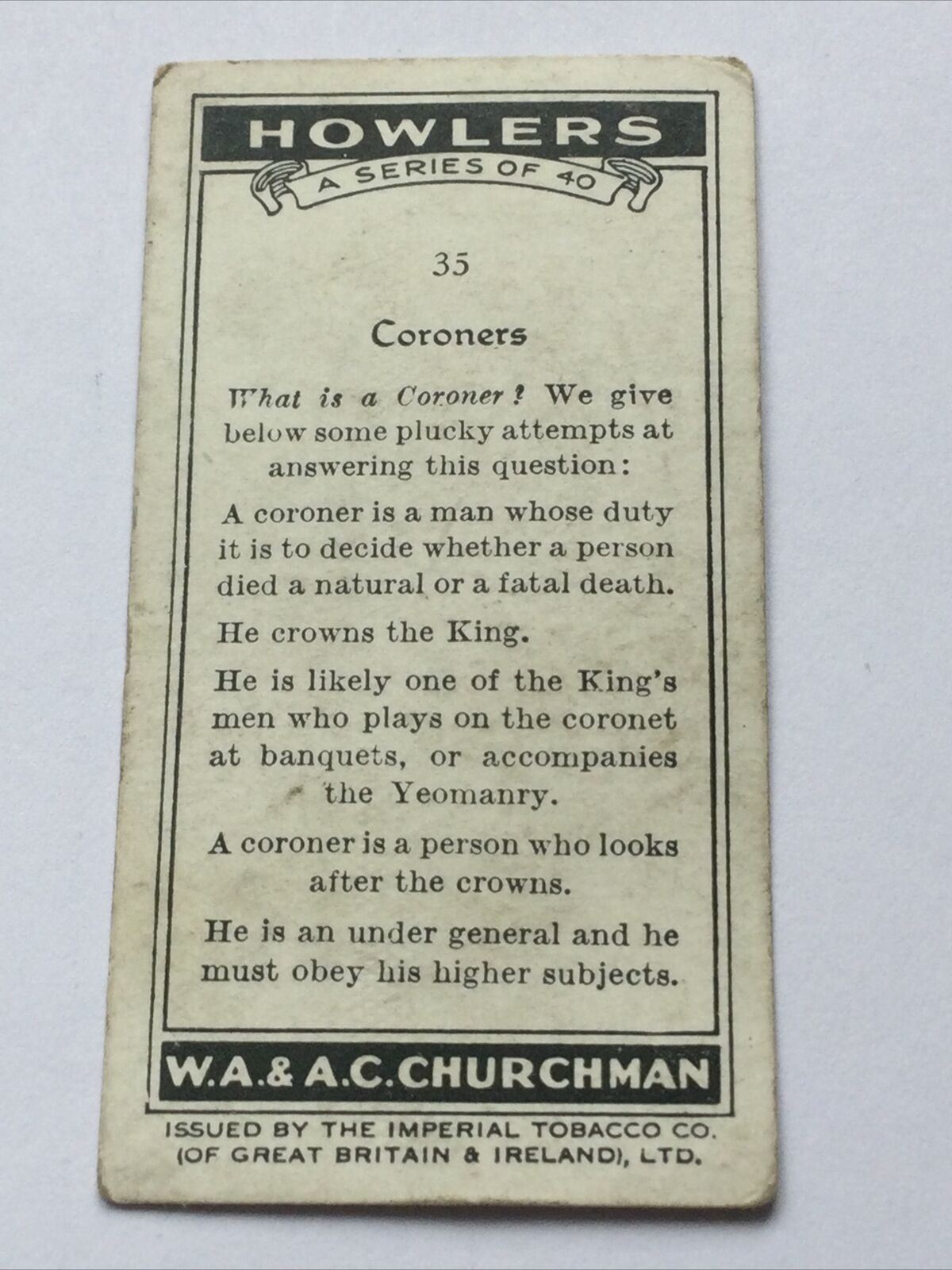 Churchmans Cigarette Card HOWLERS CORONERS #35/50 Humorous ‘plucky’