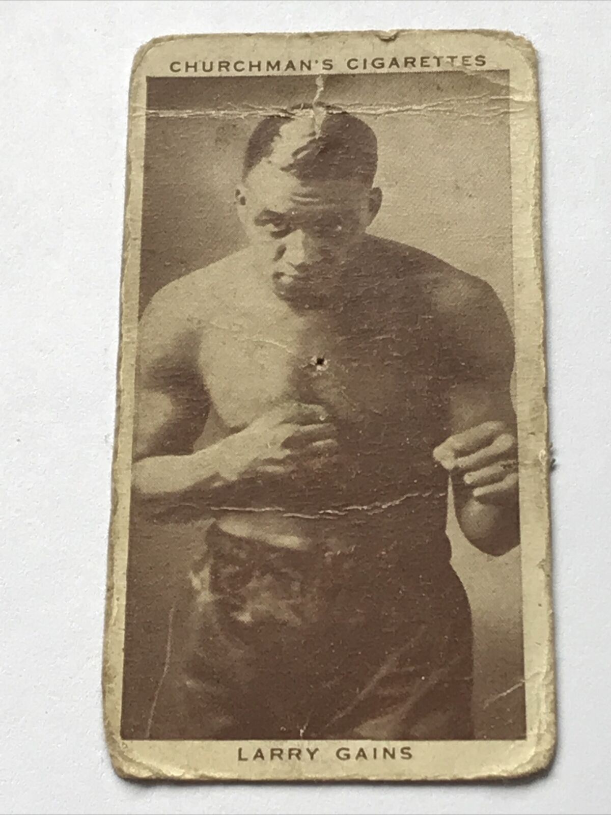 LARRY GAINS Churchmans Cigarette Card Boxing Personalities DAMAGED 1930s