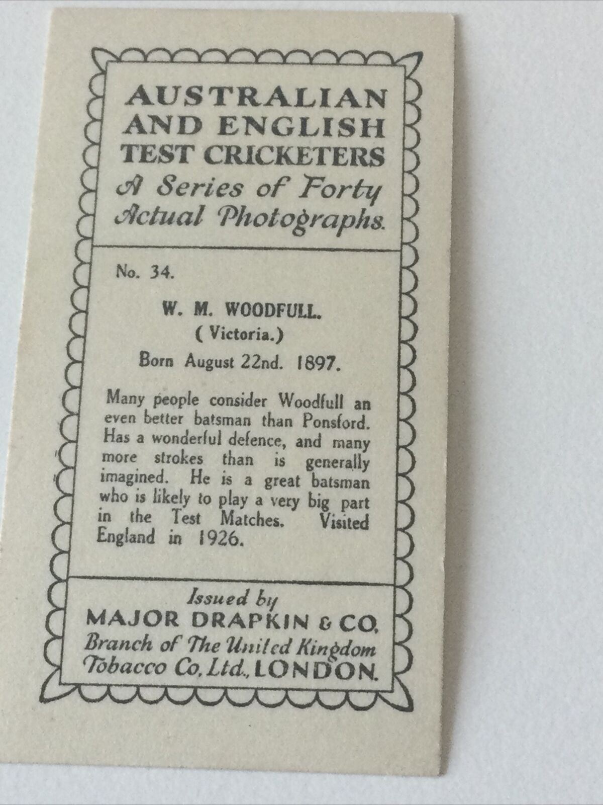 W M WOODFULL VINTAGE CIGARETTE CARD AUSTRALIAN & ENGLISH TEST CRICKETERS #34