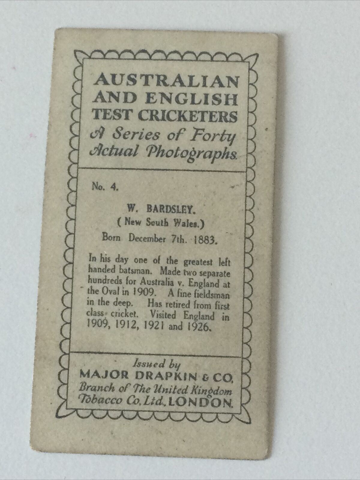 W BARDLSLEY VINTAGE CIGARETTE CARD AUSTRALIAN & ENGLISH TEST CRICKETERS #4