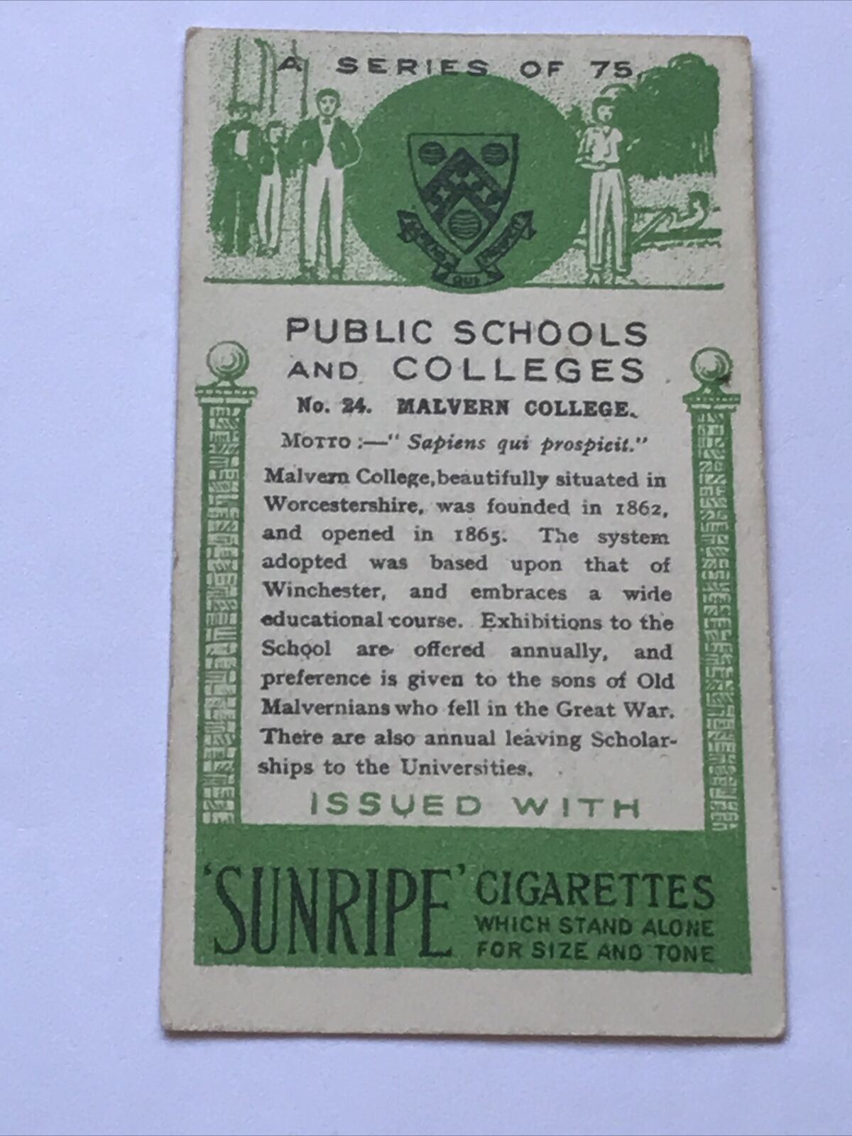 MALVERN COLLEGE SUNRIPE PUBLIC SCHOOLS & COLLEGES 1923 Card No 24 1920s Vintage