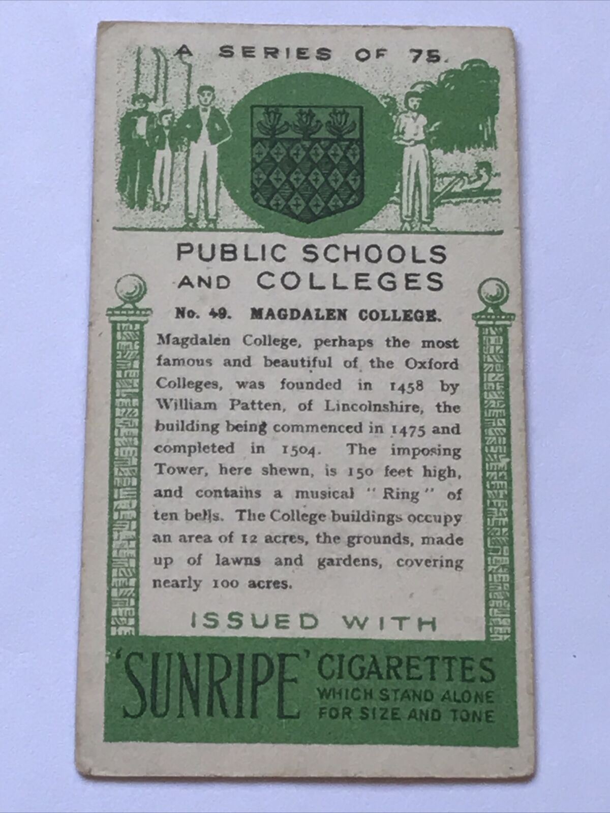 MAGDALEN COLLEGE SUNRIPE PUBLIC SCHOOLS & COLLEGES 1923 Card No 49 1920s Vintage