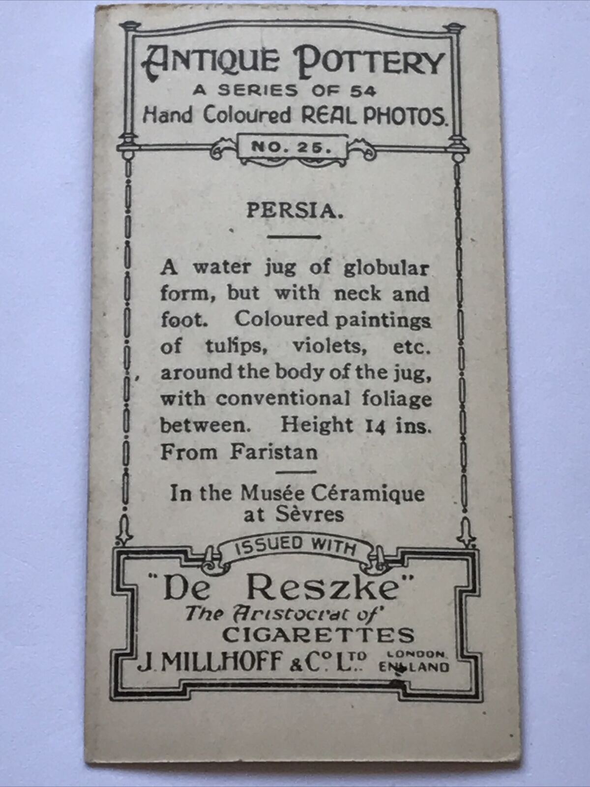 PERSIA ANTIQUE POTTERY DE RESZKE CIGARETTE CARD #25 Hand Coloured Real Photo Jug