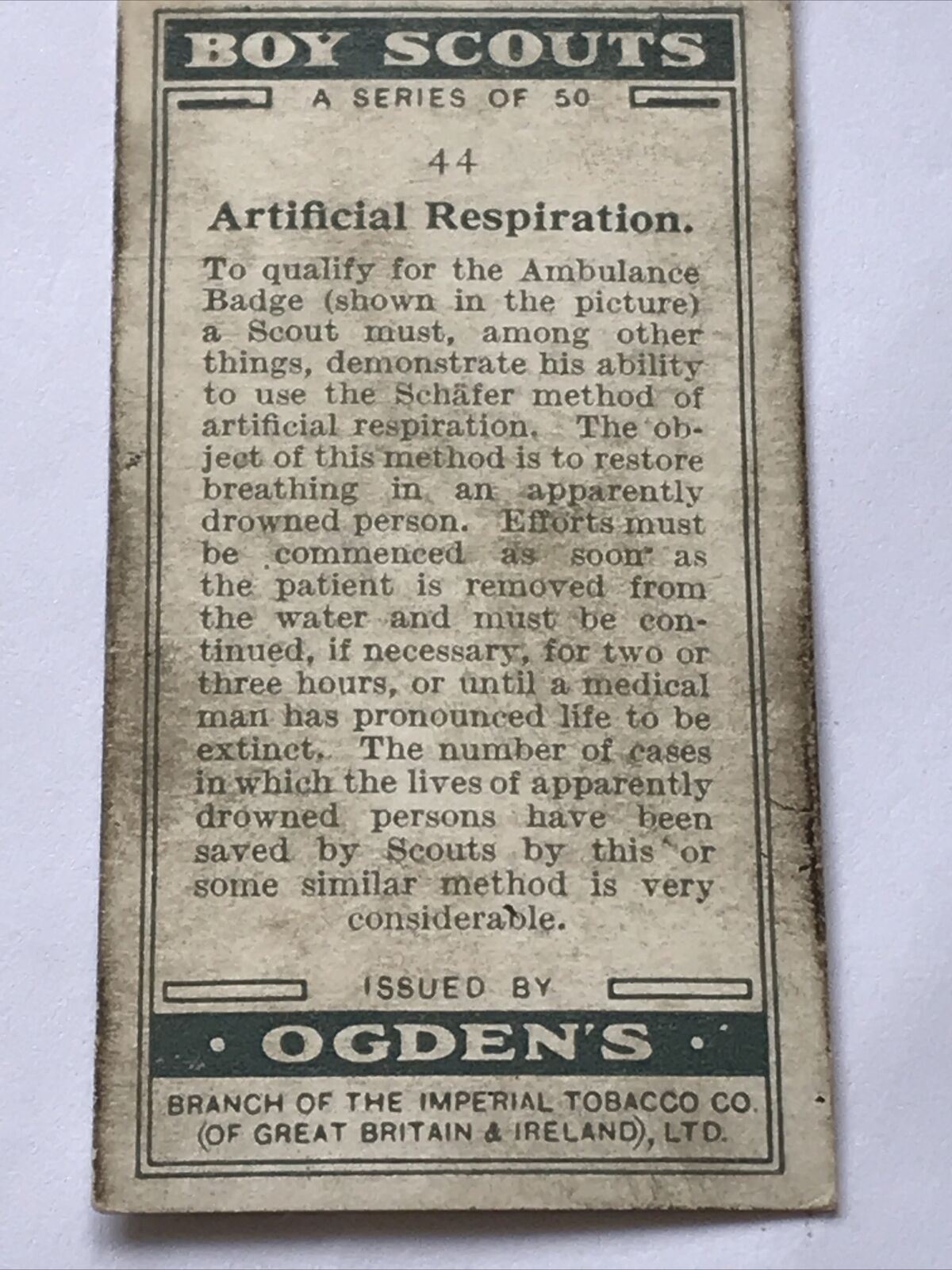 Artificial Respiration OGDENS CIGARETTE Card #44 BOY SCOUTS SERIES 1 1911 Antiqu