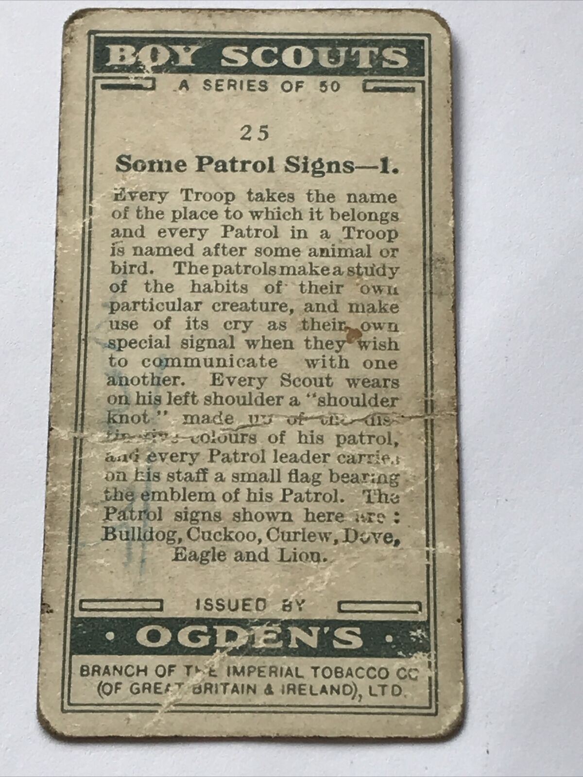 Some Patrol Signs 1 OGDENS CIGARETTE Card #25 BOY SCOUTS SERIES 1911 Bulldog Etc