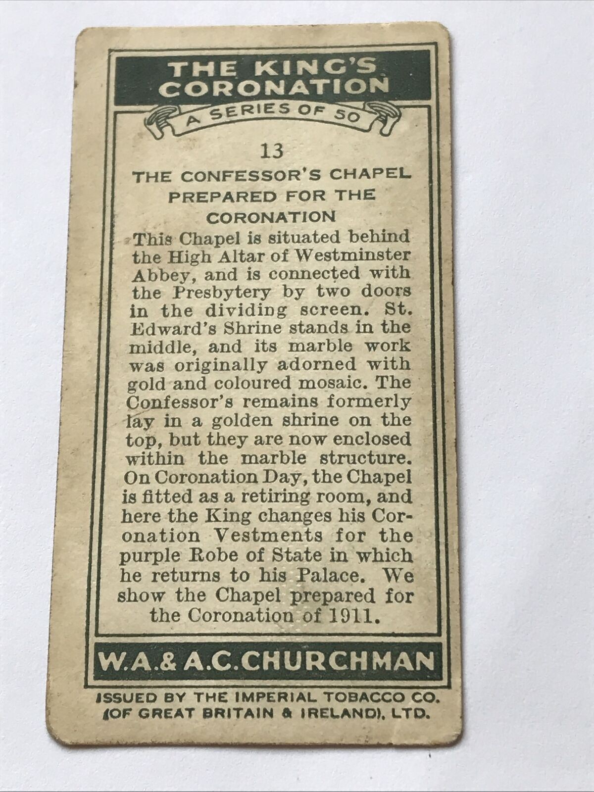 Churchman Cigarette Card The Kings Coronation #13 Confessors Chapel Prepared For