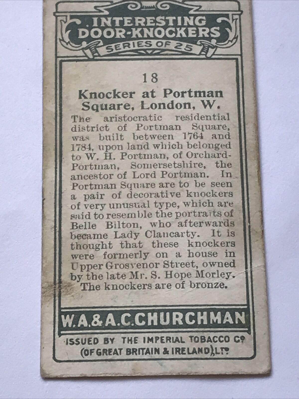 KNOCKER AT PORTMAN SQUARE LONDON W INTERESTING DOOR KNOCKERS Churchman Card #18