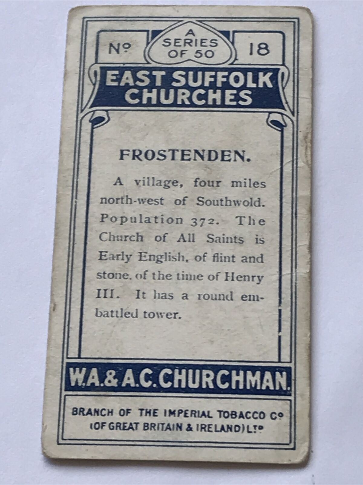 EAST SUFFOLK CHURCHES FROSTENDEN Churchman Cigarette Card #18 Church Of All Sain