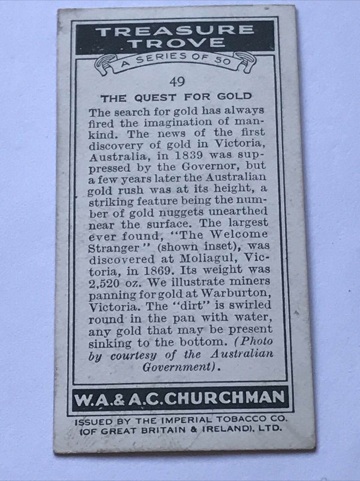 TREASURE TROVE THE QUEST FOR GOLD Churchman Cigarette Card #49 Warburton Victori