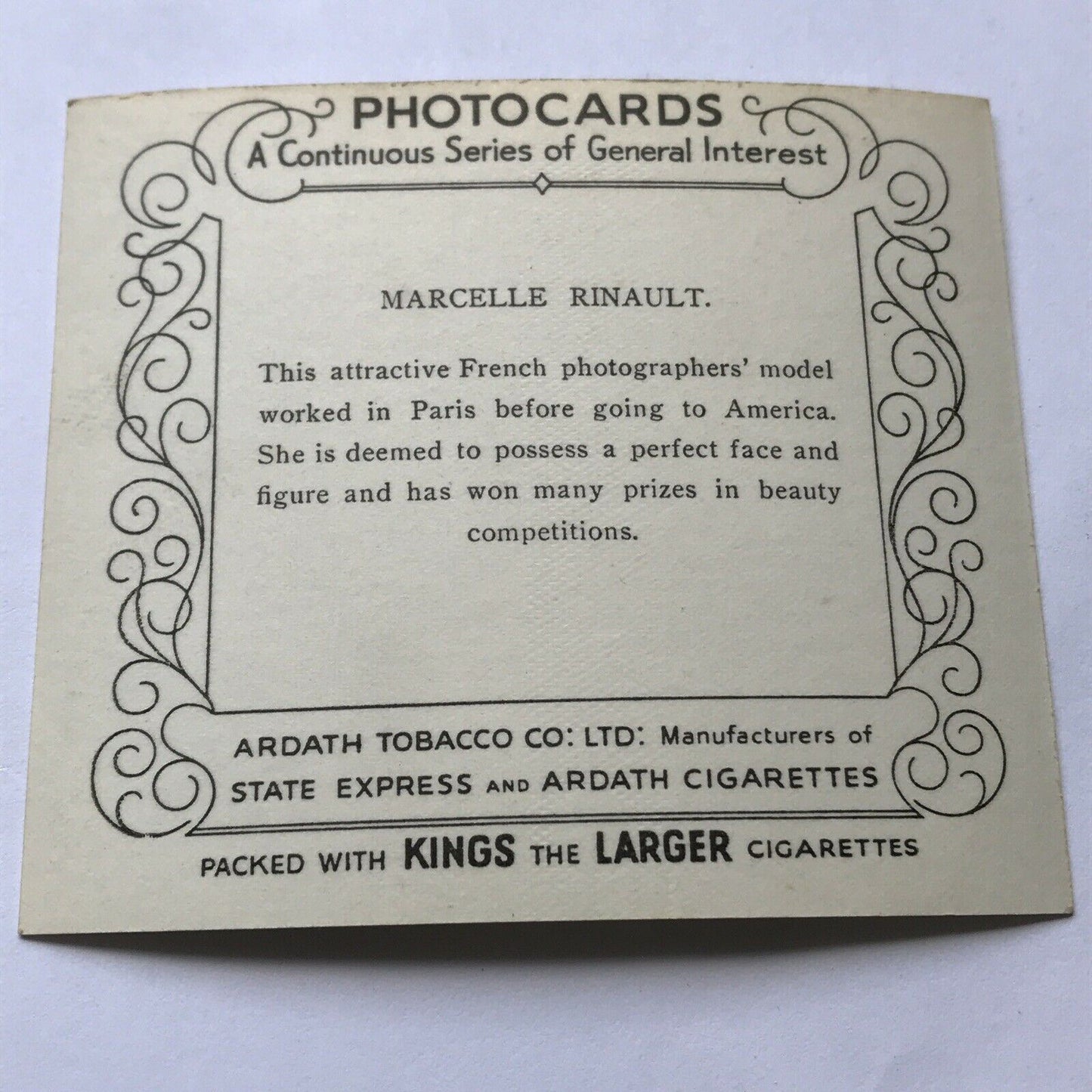 MARCELLE RINAULT PHOTOCARD Kings Cigarettes Ardath General Interest French Model