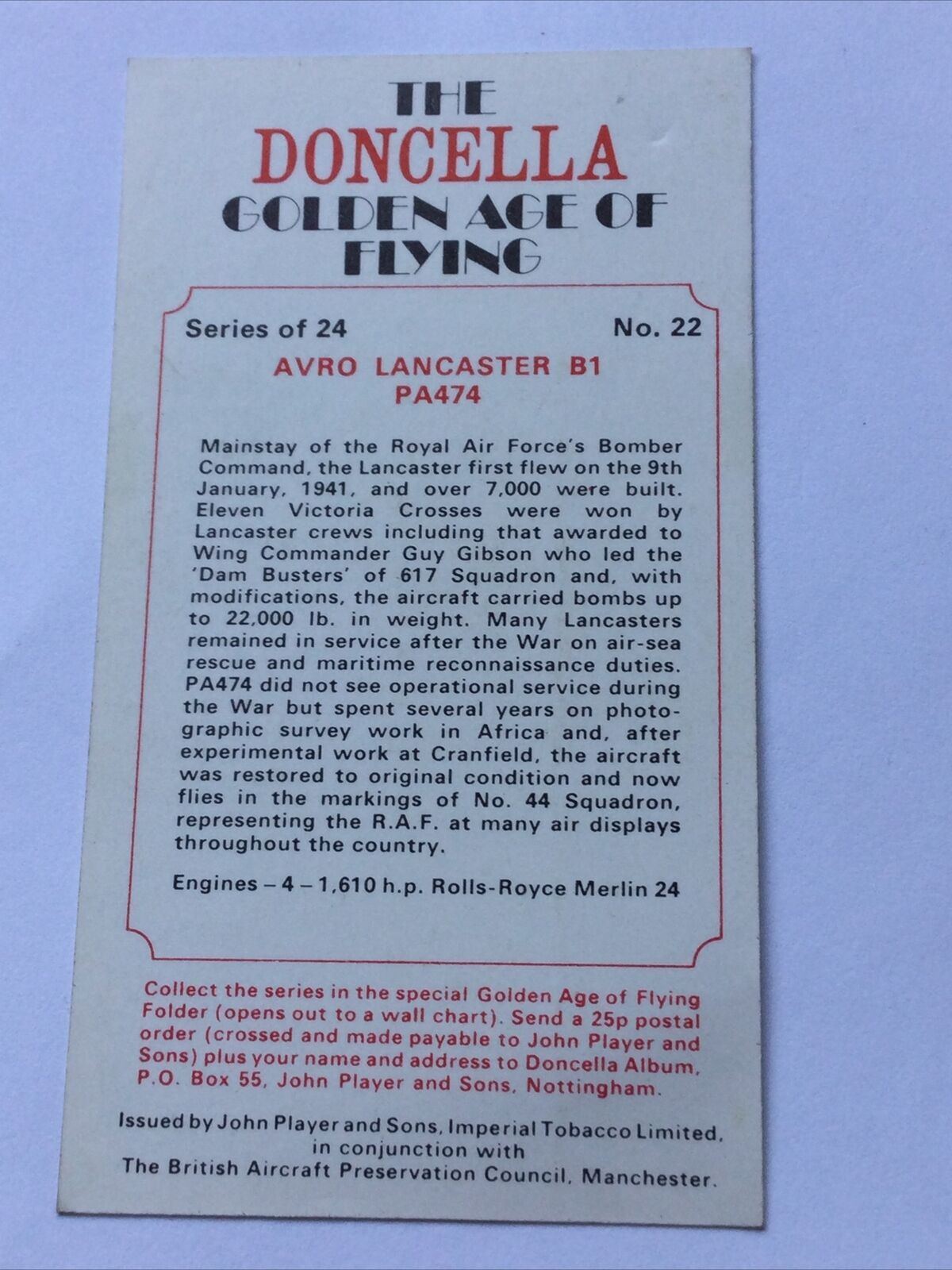 DONCELLA PLAYERS CIGARETTE CARD AVRO LANCASTER B1 PA474 Golden Age Of Flying