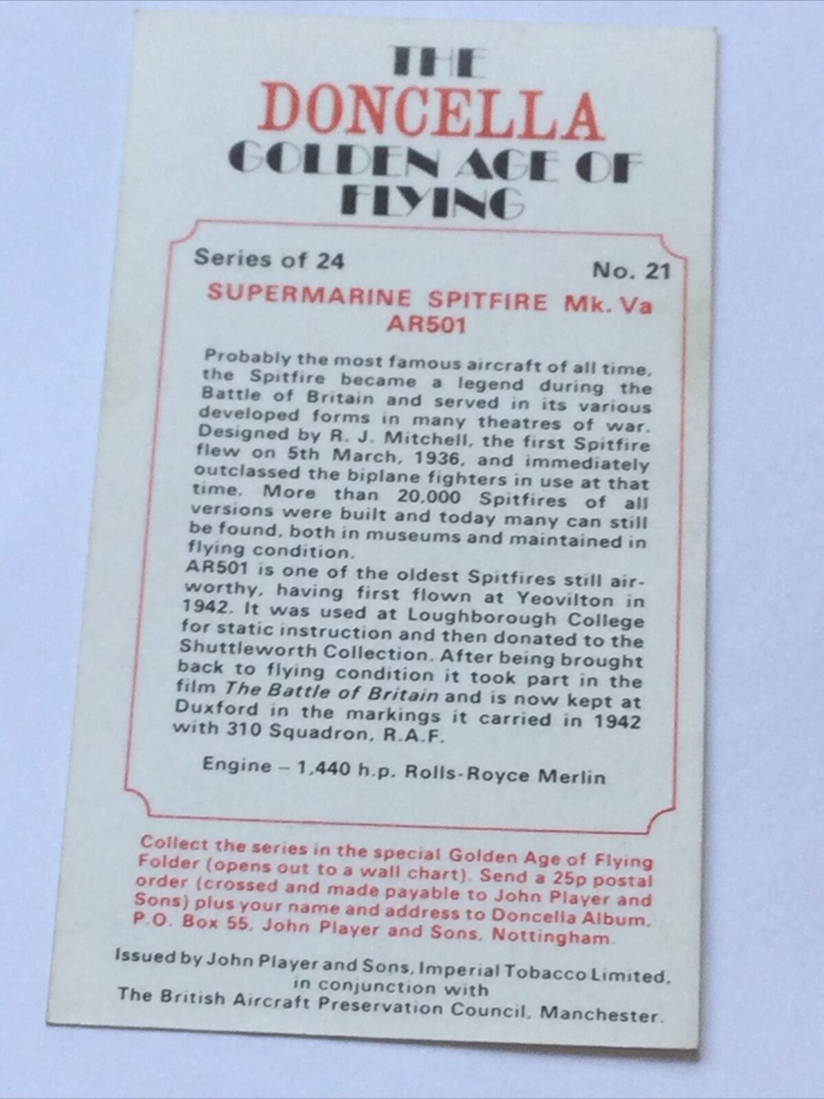 DONCELLA CIGARETTE CARD SUPERMARINE SPITFIRE Mk Va AR501 Golden Age Of Flying