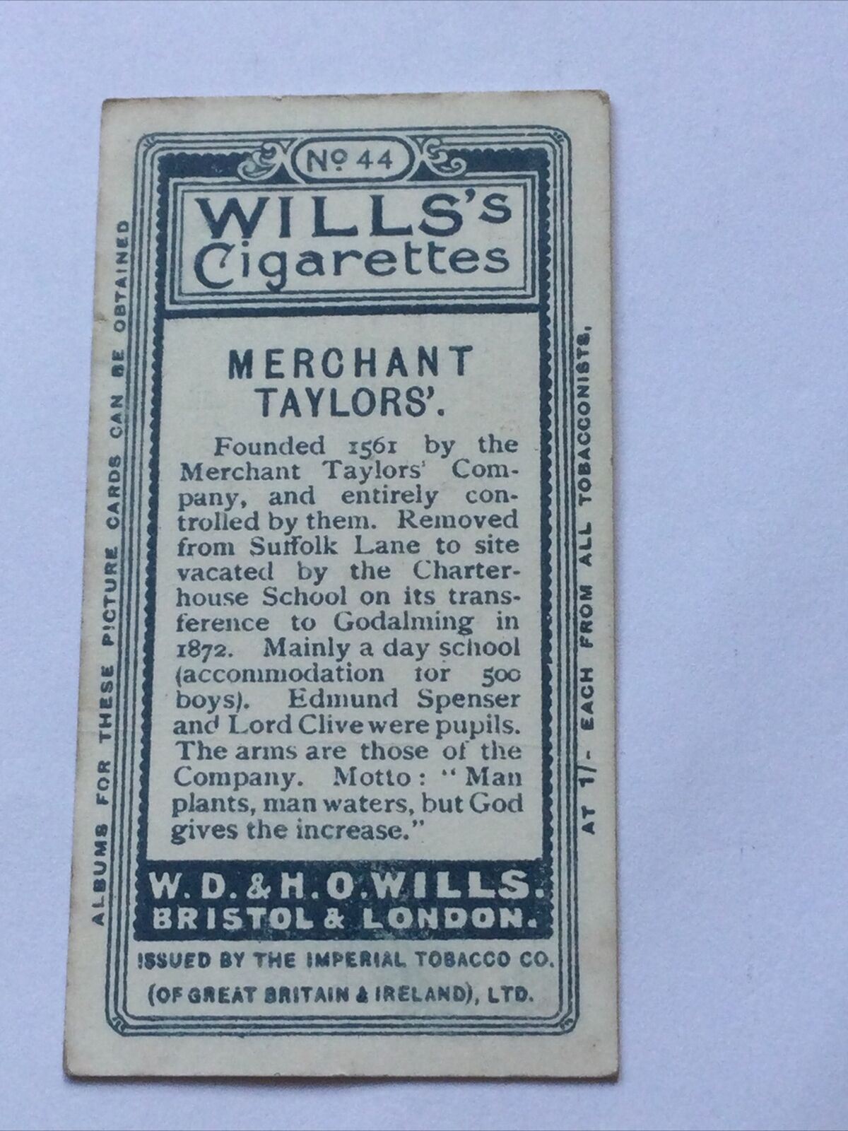 MERCHANT TAYLORS SCHOOL LONDON WILLS CIGARETTE CARD #44 School Arms Founded 1561