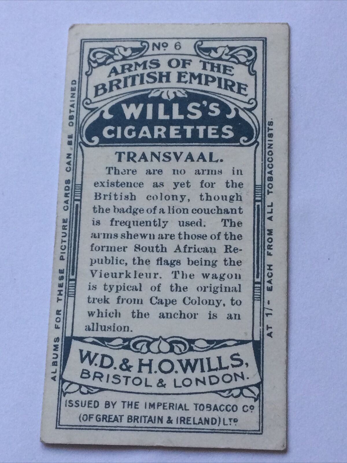 TRANSVAAL WILLS CIGARETTE CARD #6 Arms Of The British Empire South African