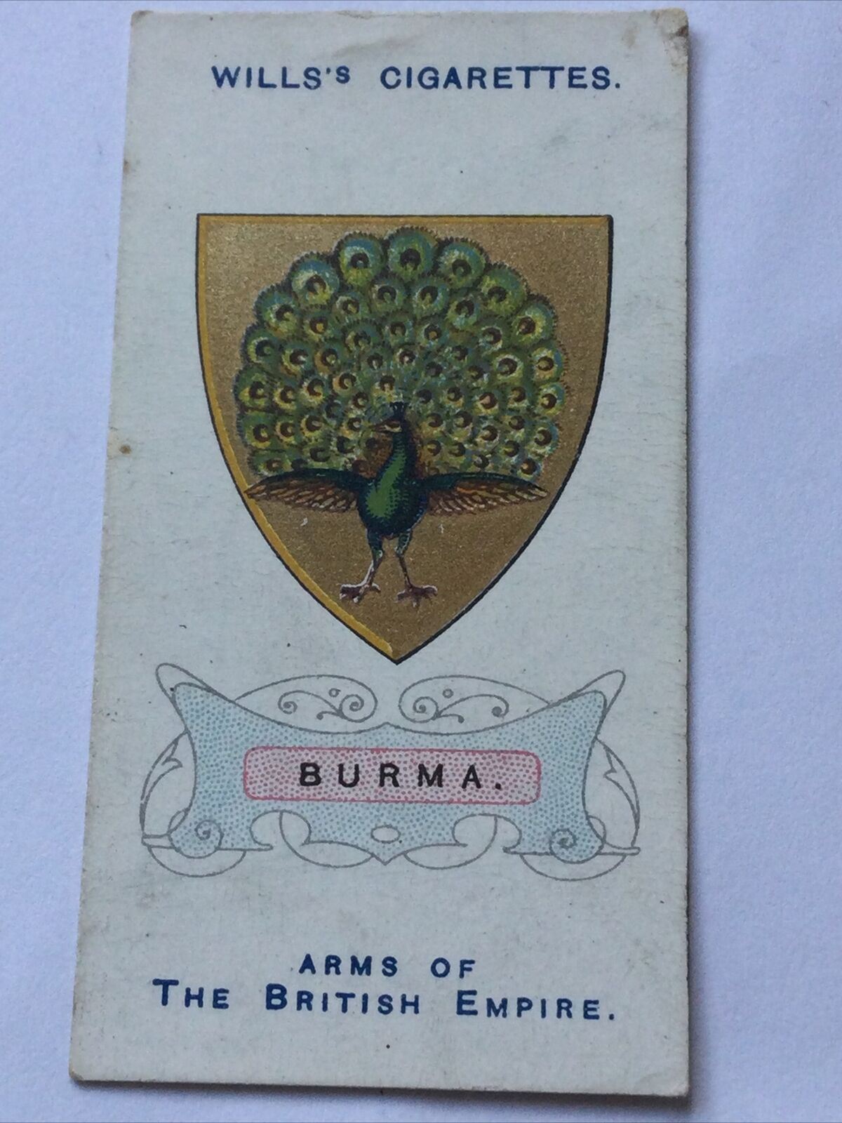 BURMA, WILLS CIGARETTE CARD #8 Arms Of The British Empire Peacock Design