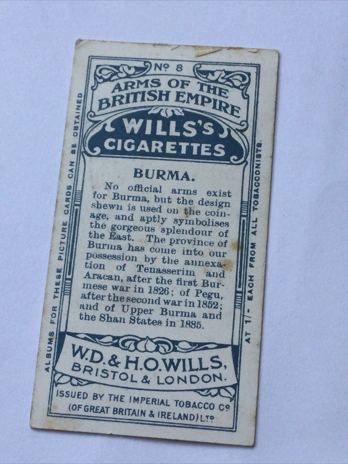 BURMA, WILLS CIGARETTE CARD #8 Arms Of The British Empire Peacock Design