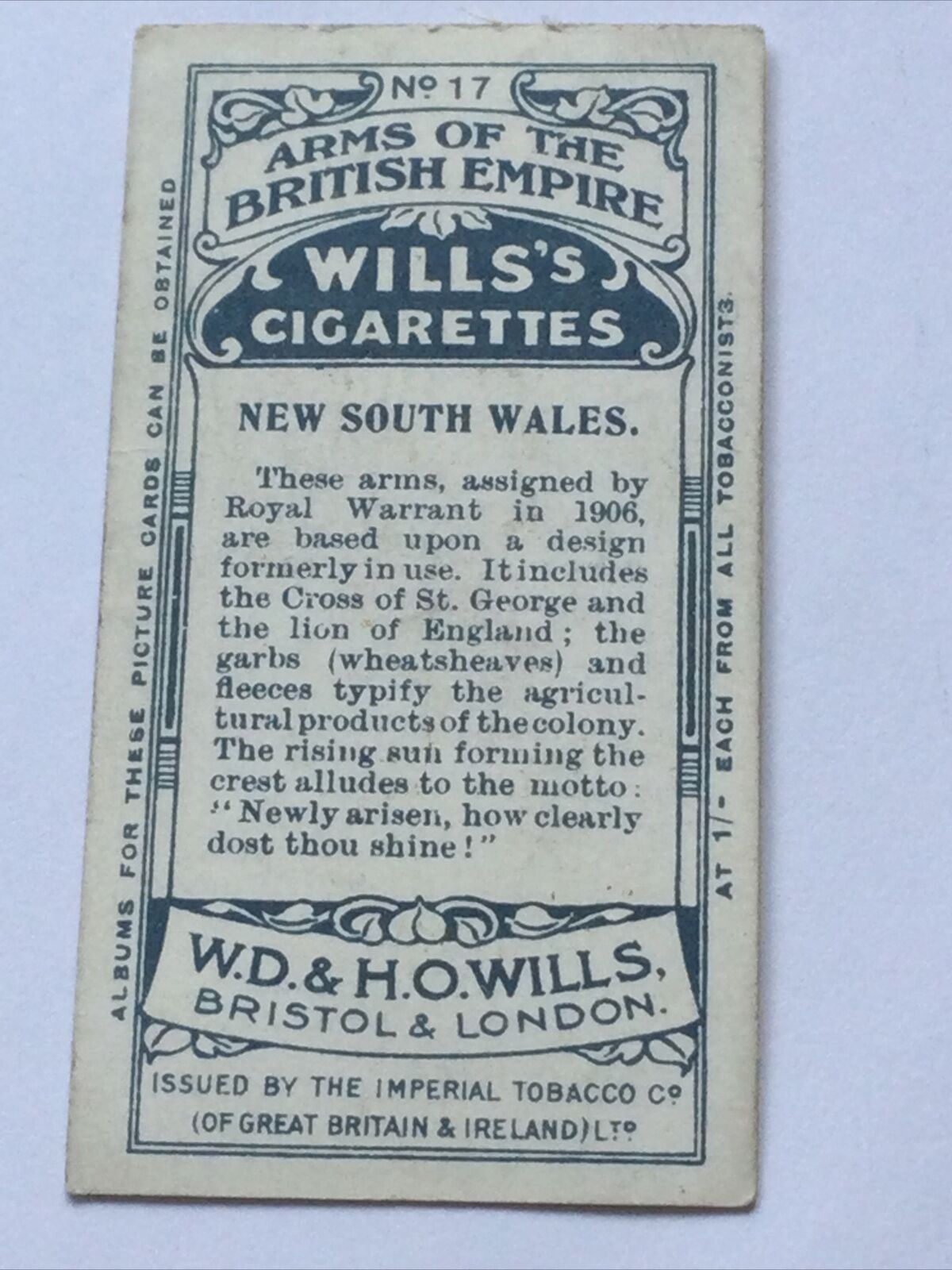 NEW SOUTH WALES, WILLS CIGARETTE CARD #17 Arms Of The British Empire