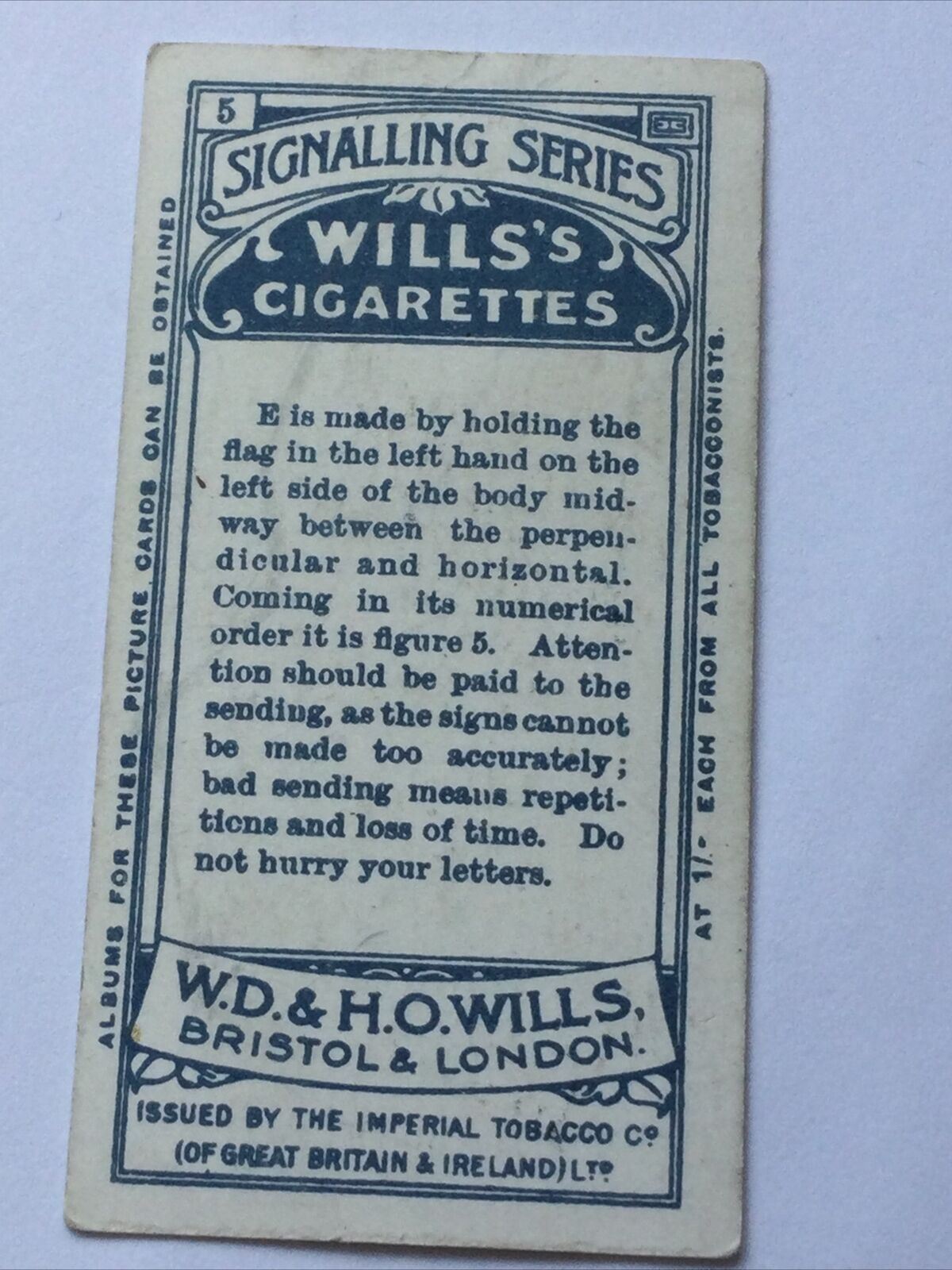 The Letter ‘E’  WILLS CIGARETTE CARD Signalling Series #5