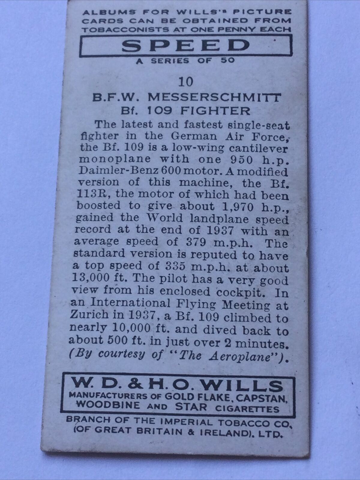 Wills Cigarette Card SPEED #10 BFW Messerschmitt Bf 109 Fighter