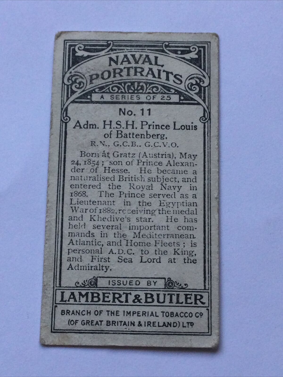 Lambert & Butler Card - Naval Portraits #11 Adm HSH Prince Louis Battenberg