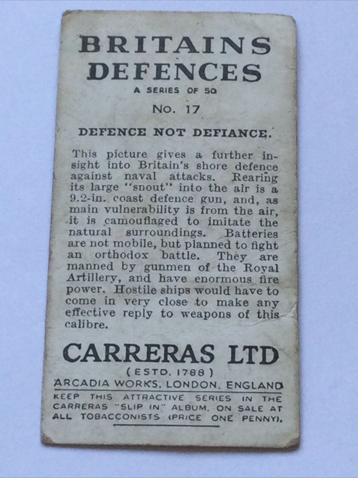 BRITAINS DEFENCES Carreras Cigarette Card #17 Defence Not Defiance Coast Gun