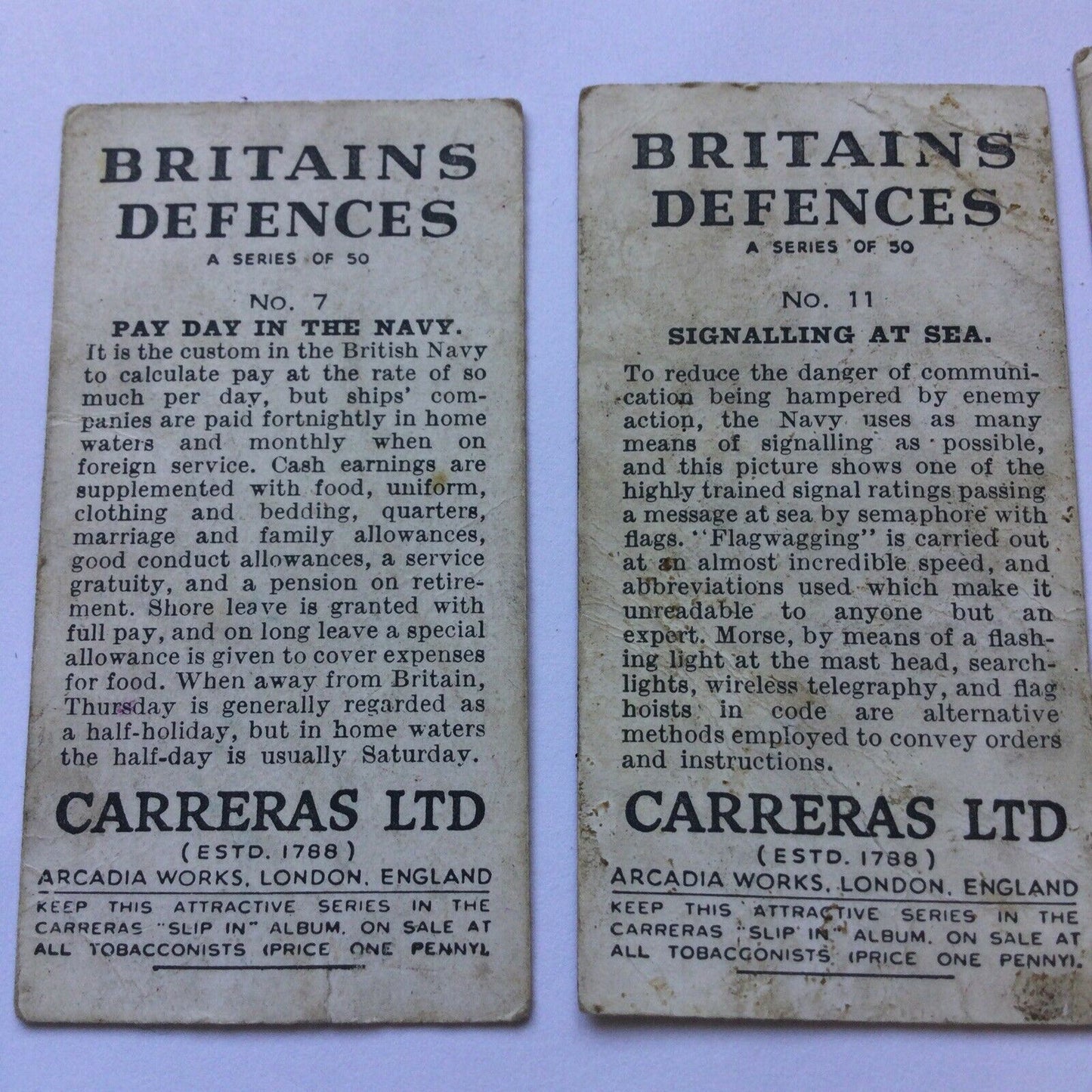 BRITAINS DEFENCES Carreras Cigarette Cards x 4 Nos. 7 11 14 & 36. Pay Day