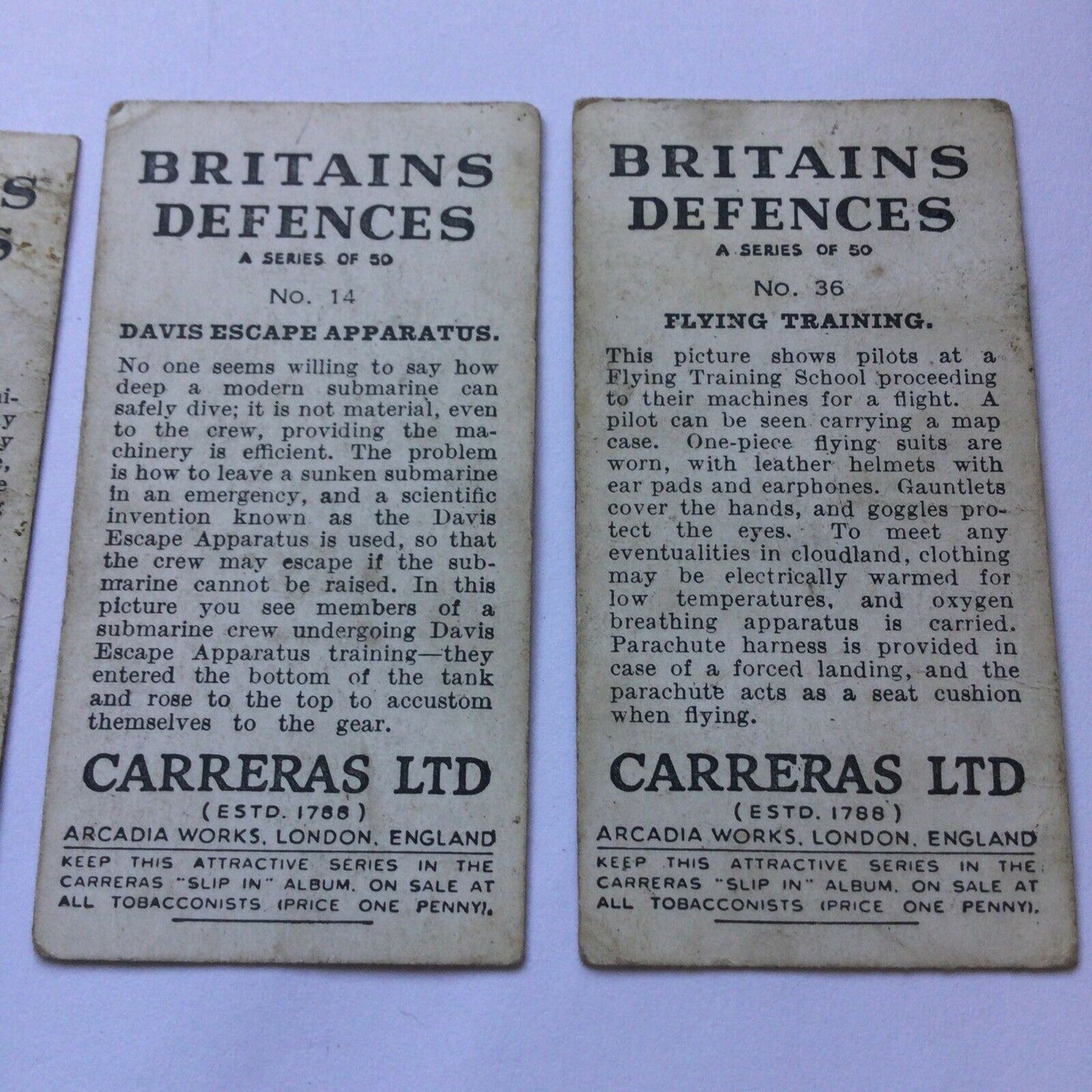 BRITAINS DEFENCES Carreras Cigarette Cards x 4 Nos. 7 11 14 & 36. Pay Day