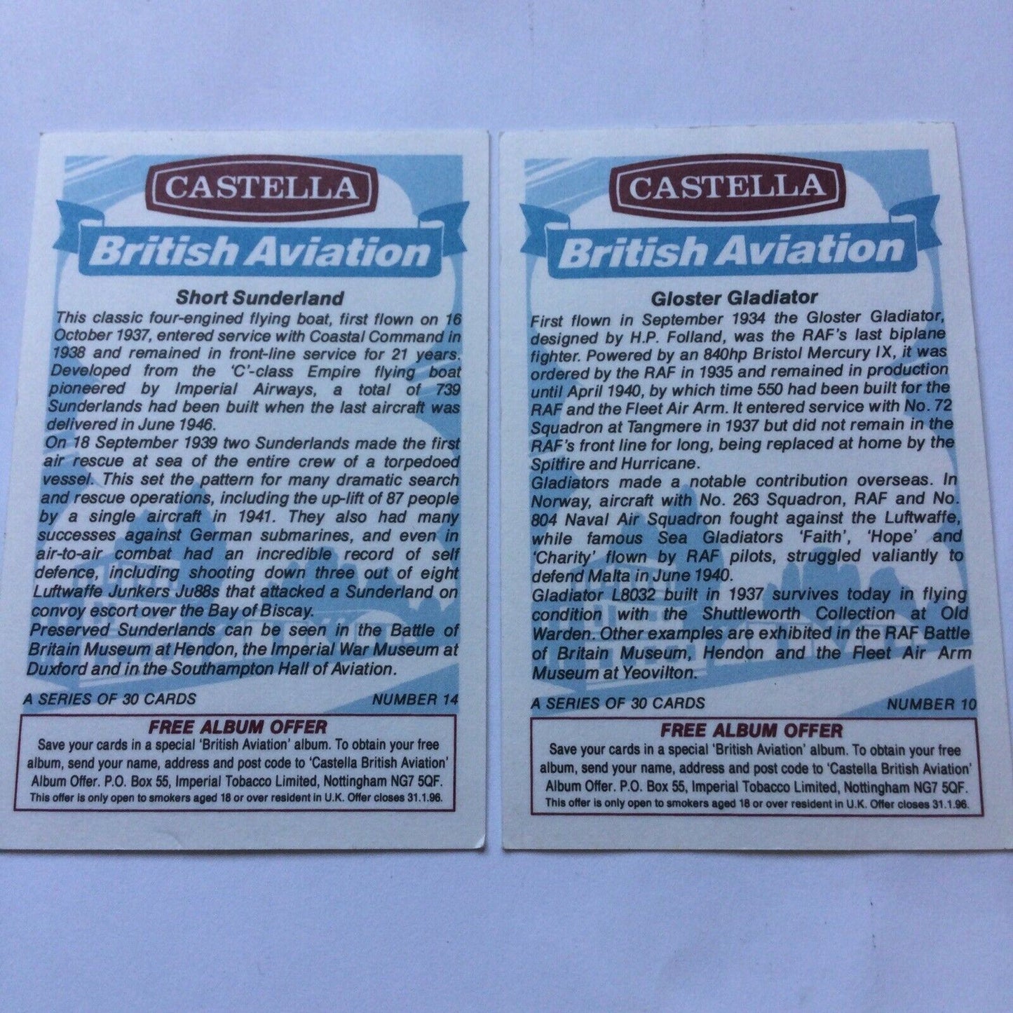 BRITISH AVIATION - Castella Cigars - 1994 - 2x Cards Nos. 10 & 14