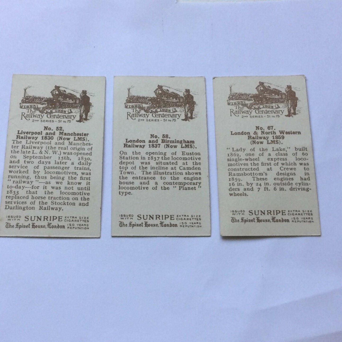 SUNRIPE CIGARETTE CARDS x 3. RAILWAY CENTENARY 2nd Series Nos. 52 58 67 LMS