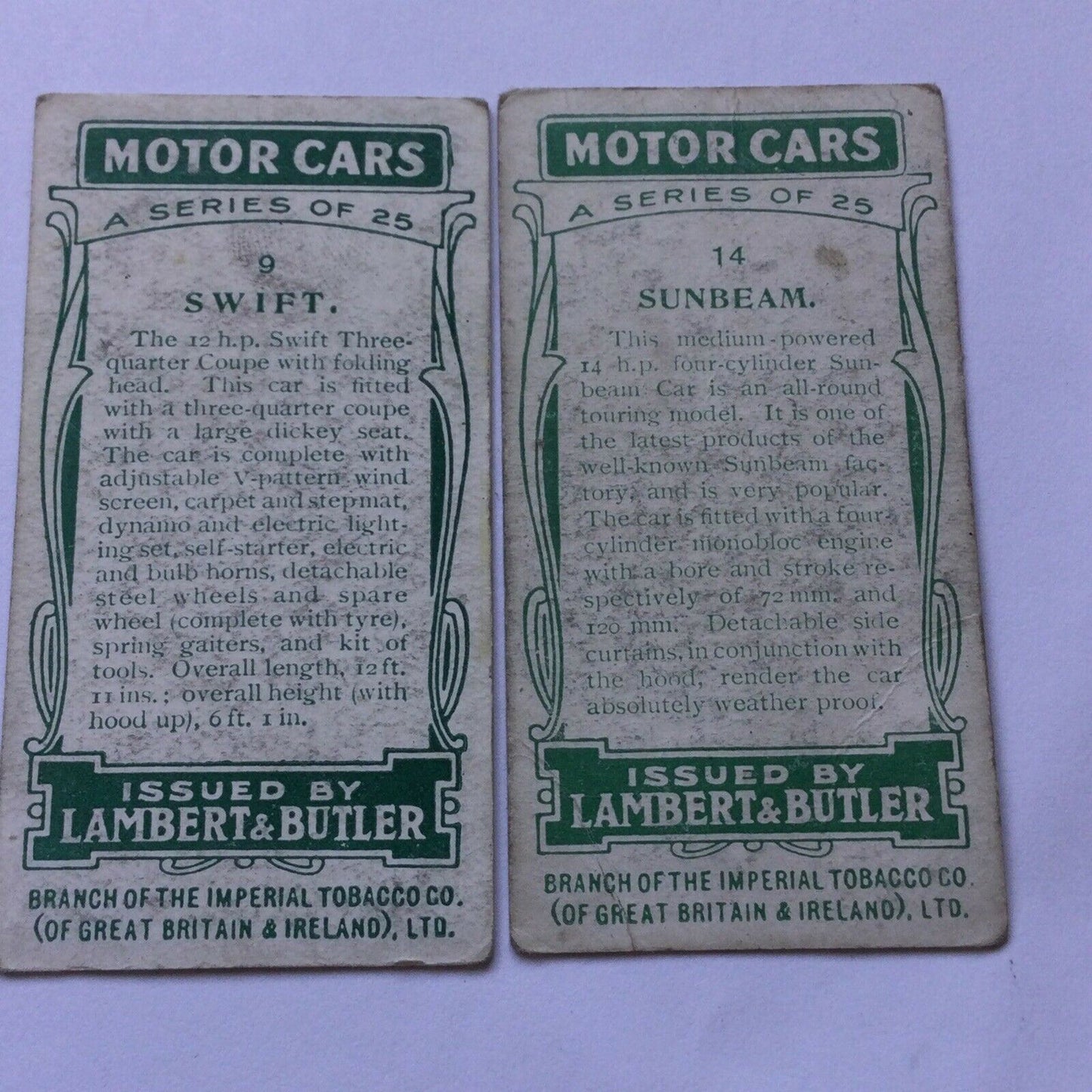 LAMBERT & BUTLER CIGARETTE CARDS x 2 - MOTOR CARS - #9 Swift #14 Sunbeam