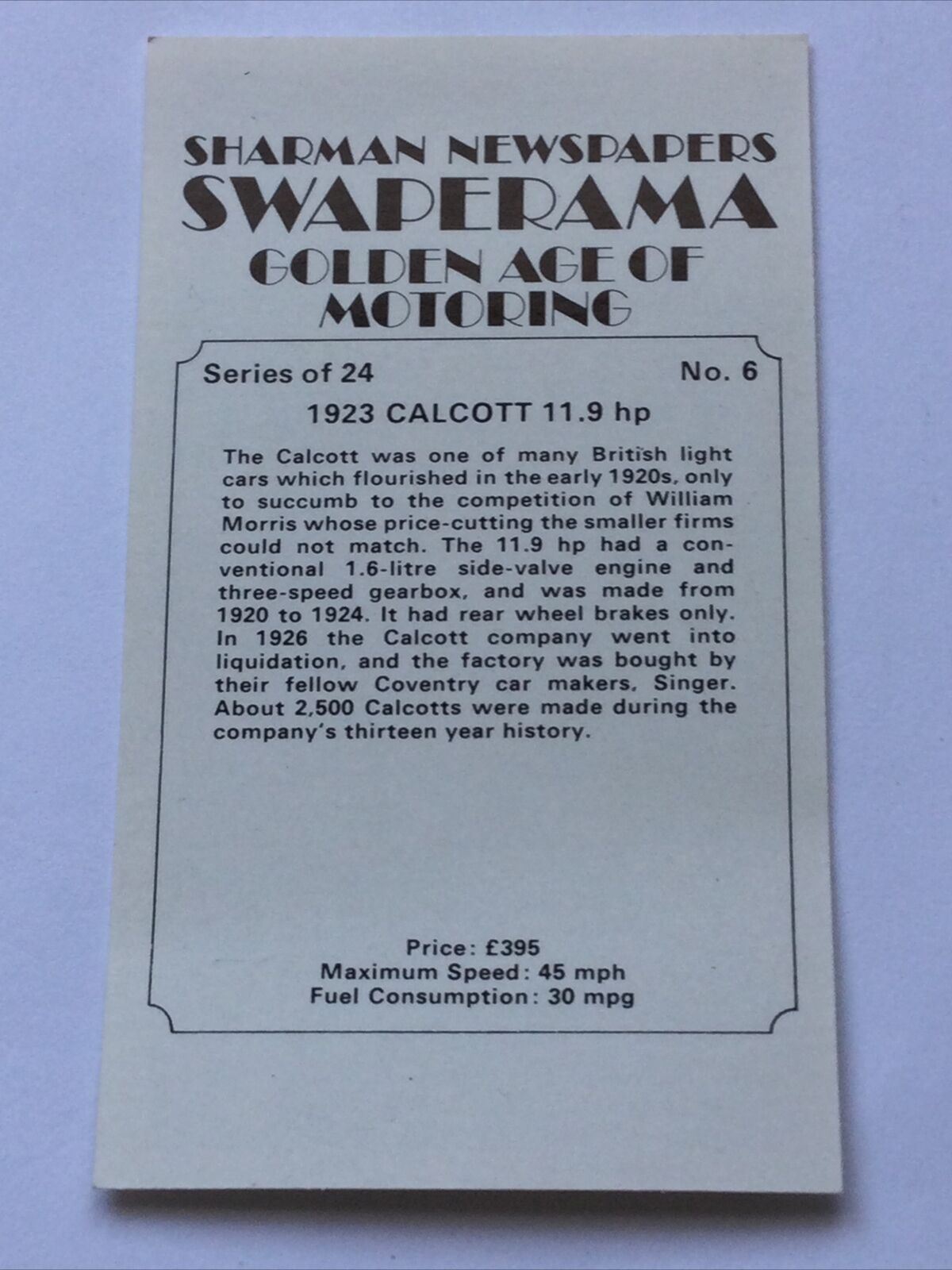 Sherman Newspapers Swaperama Trade Card Golden Age Of Motoring #6 1923 Calcott