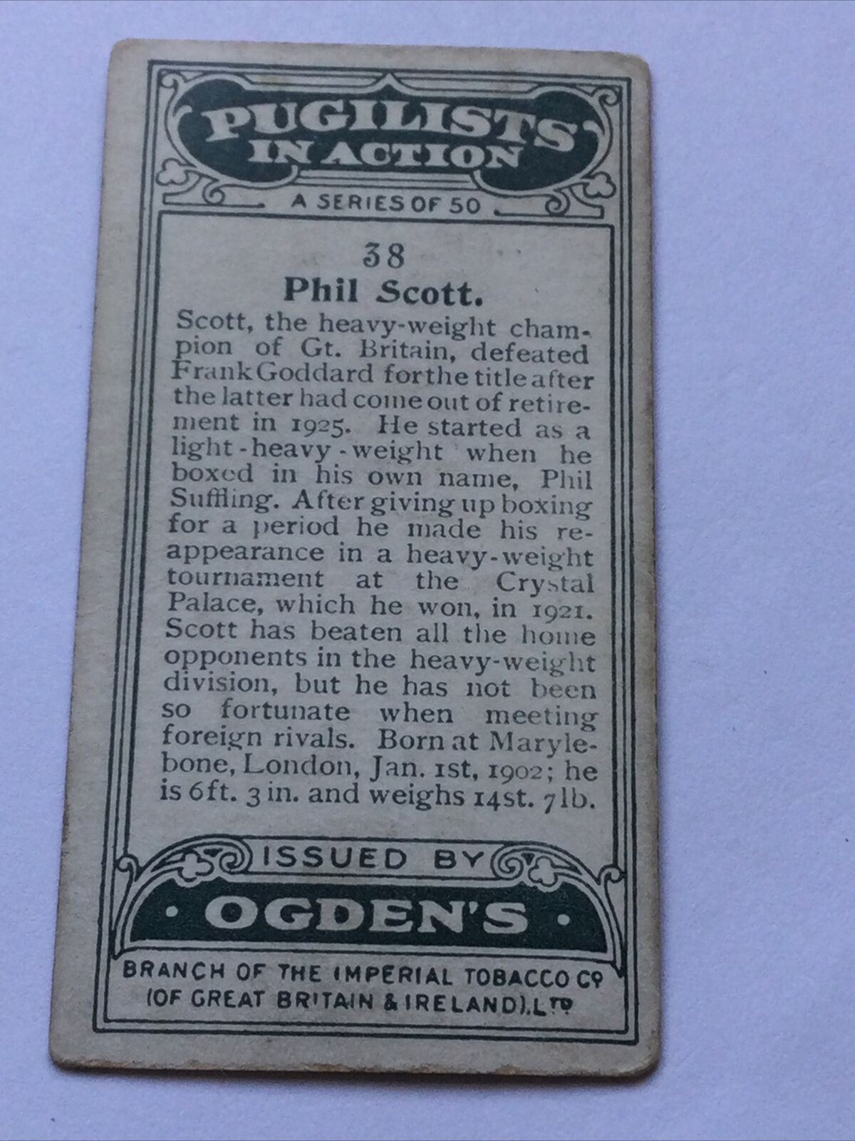 PHIL SCOTT VINTAGE CIGARETTE CARD Ogden’s PUGILISTS IN ACTION #38 1920s Boxing