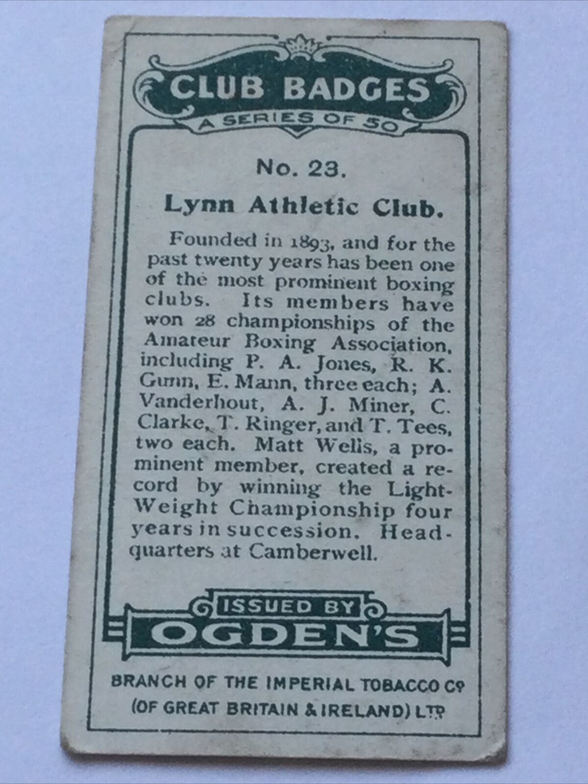 LYNN ATHLETIC CLUB VINTAGE CIGARETTE CARD Ogden’s CLUB BADGES #23 Boxing