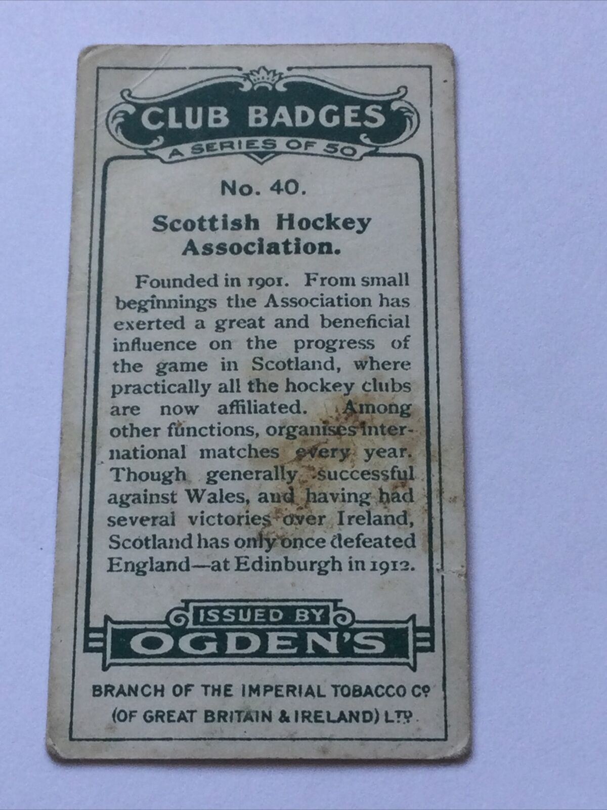 SCOTTISH HOCKEY ASSOCIATION VINTAGE CIGARETTE CARD Ogden’s CLUB BADGES #40