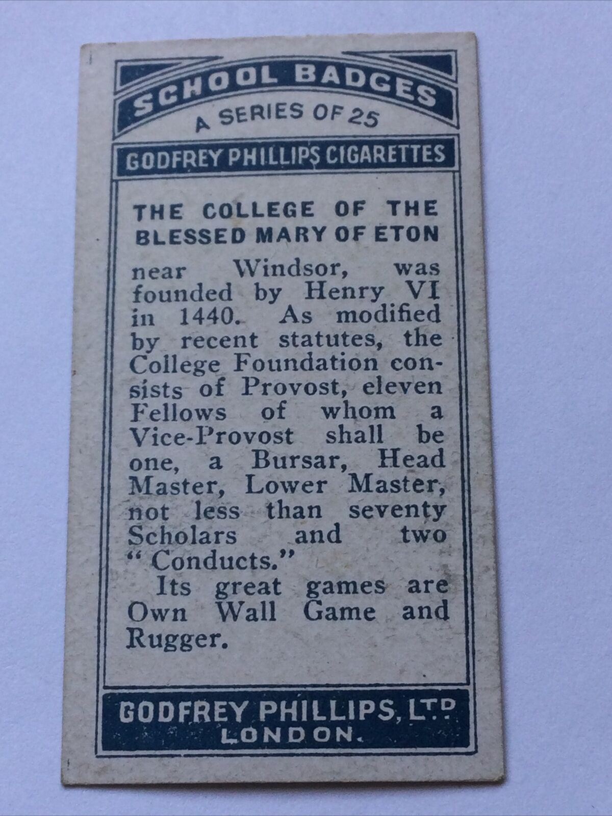 School Badges - ETON - Godfrey Phillips Cigarette Card - Own Wall Game Rugger