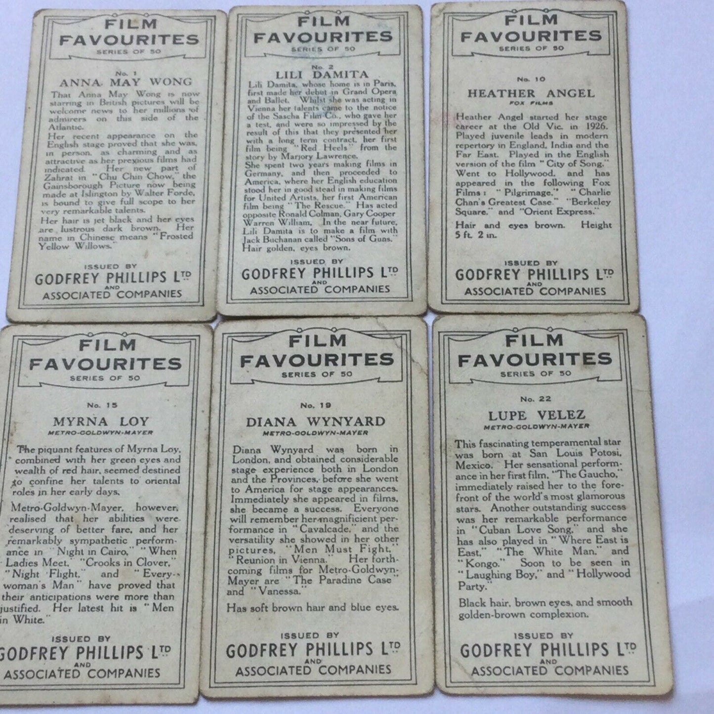 Godfrey Phillips Cigarette Cards x6 - FILM FAVOURITES - nos. 1 2 10 15 19 22