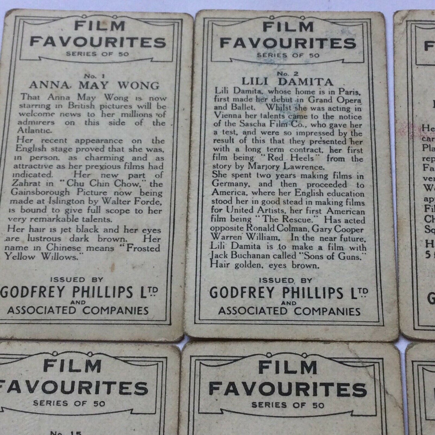 Godfrey Phillips Cigarette Cards x6 - FILM FAVOURITES - nos. 1 2 10 15 19 22