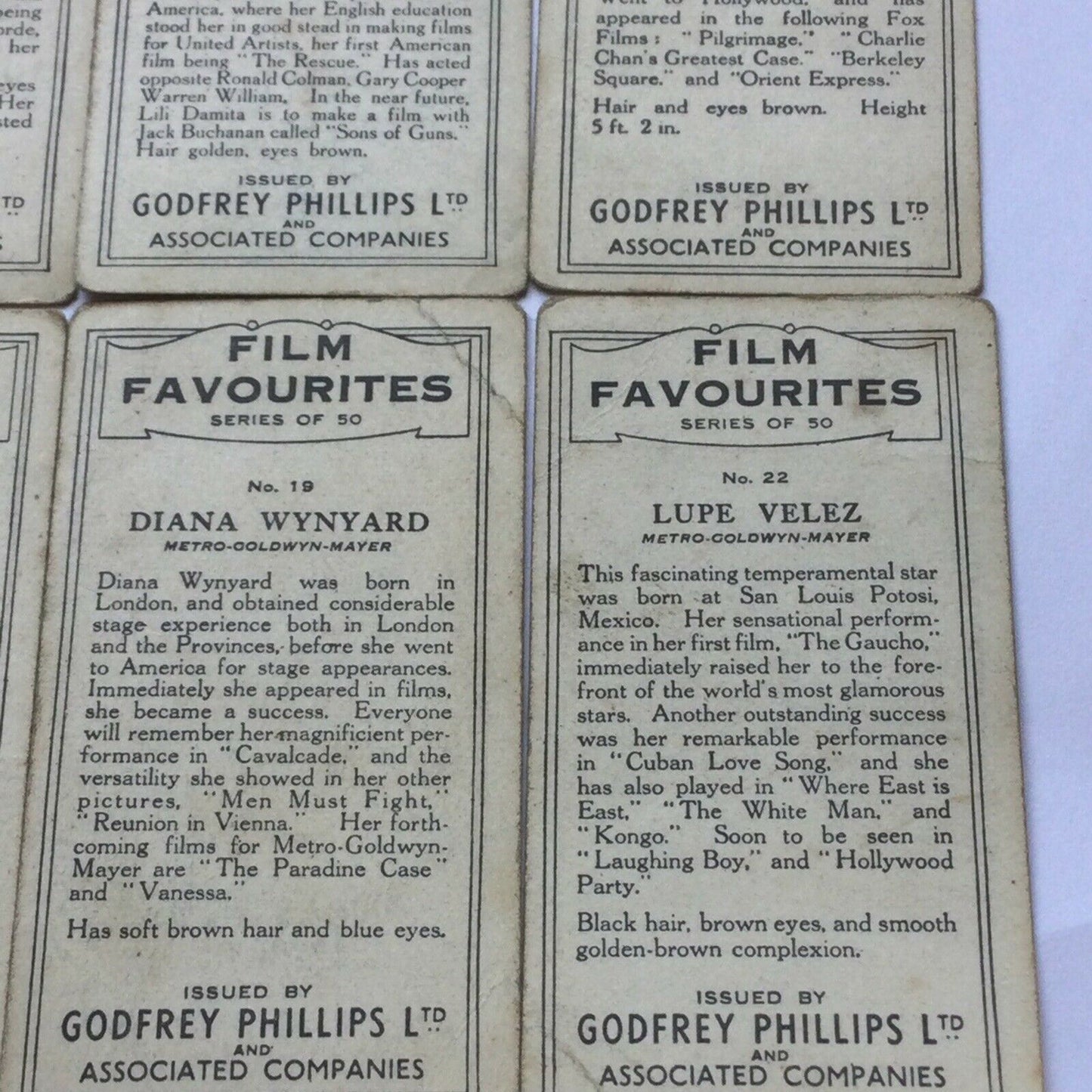 Godfrey Phillips Cigarette Cards x6 - FILM FAVOURITES - nos. 1 2 10 15 19 22